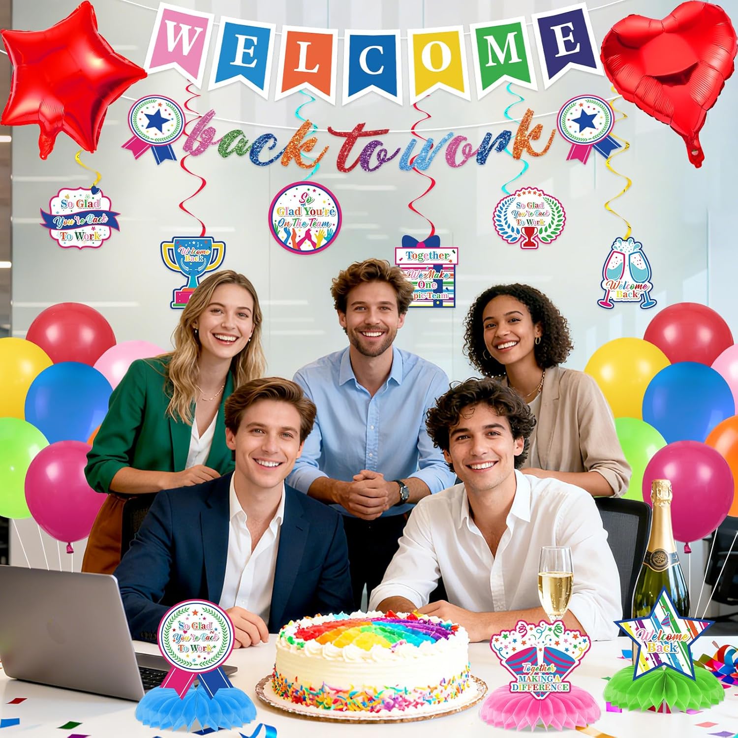 27pcs Welcome Back to Work Decorations Office Colorful Welcome Back to Work Banner Balloons We Missed You So Much Backdrop Hanging Swirls Table Centerpieces Foil Balloons for Back to Work Office