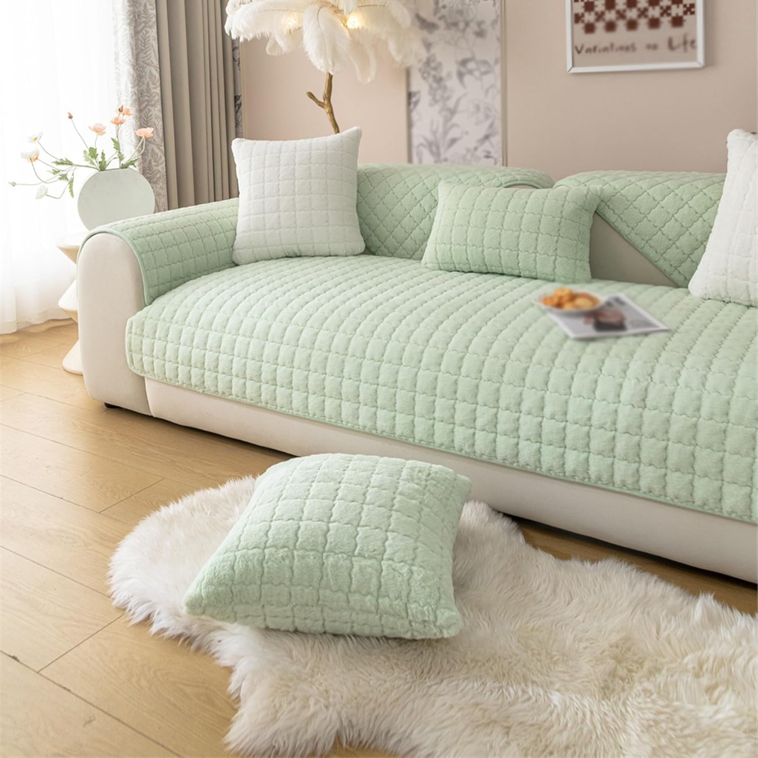 Super Soft Plush Non-Slip Sofa Cushion Covers,Non-Slip Sofa Cushion Covers,Fluffy Couch Cushion Covers,Faux Shaggy Sofa Slipcover,Solid Color Fluffy Couch Cushion Covers Washable. ( Color : Blue , Siz