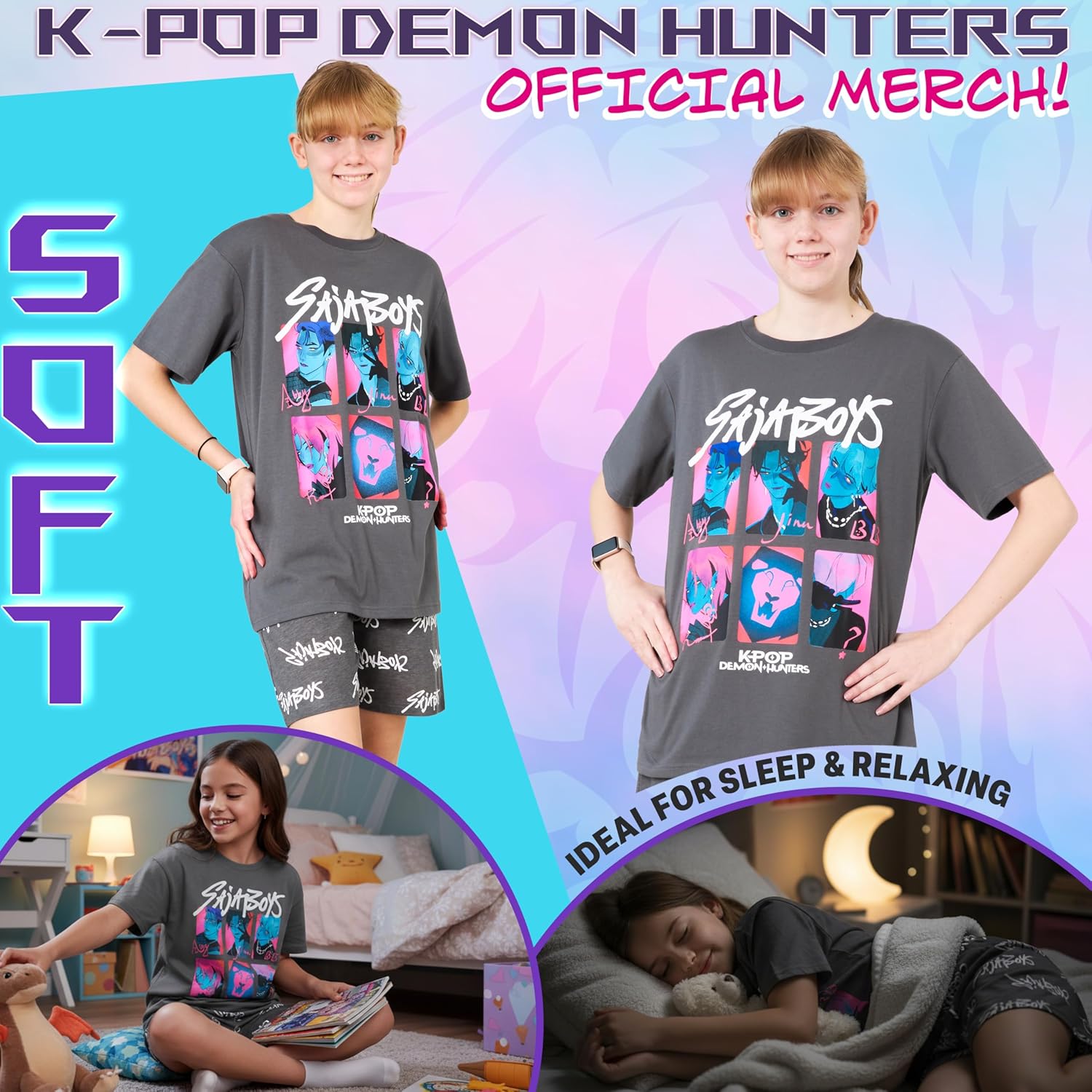 KPop Demon Hunters Officially Licensed 2-Pc Pajamas Set Girls, 5–14 Yrs, Soft PJs Lounge Set T Shirt Shorts, Gifts for Girls - Image 3