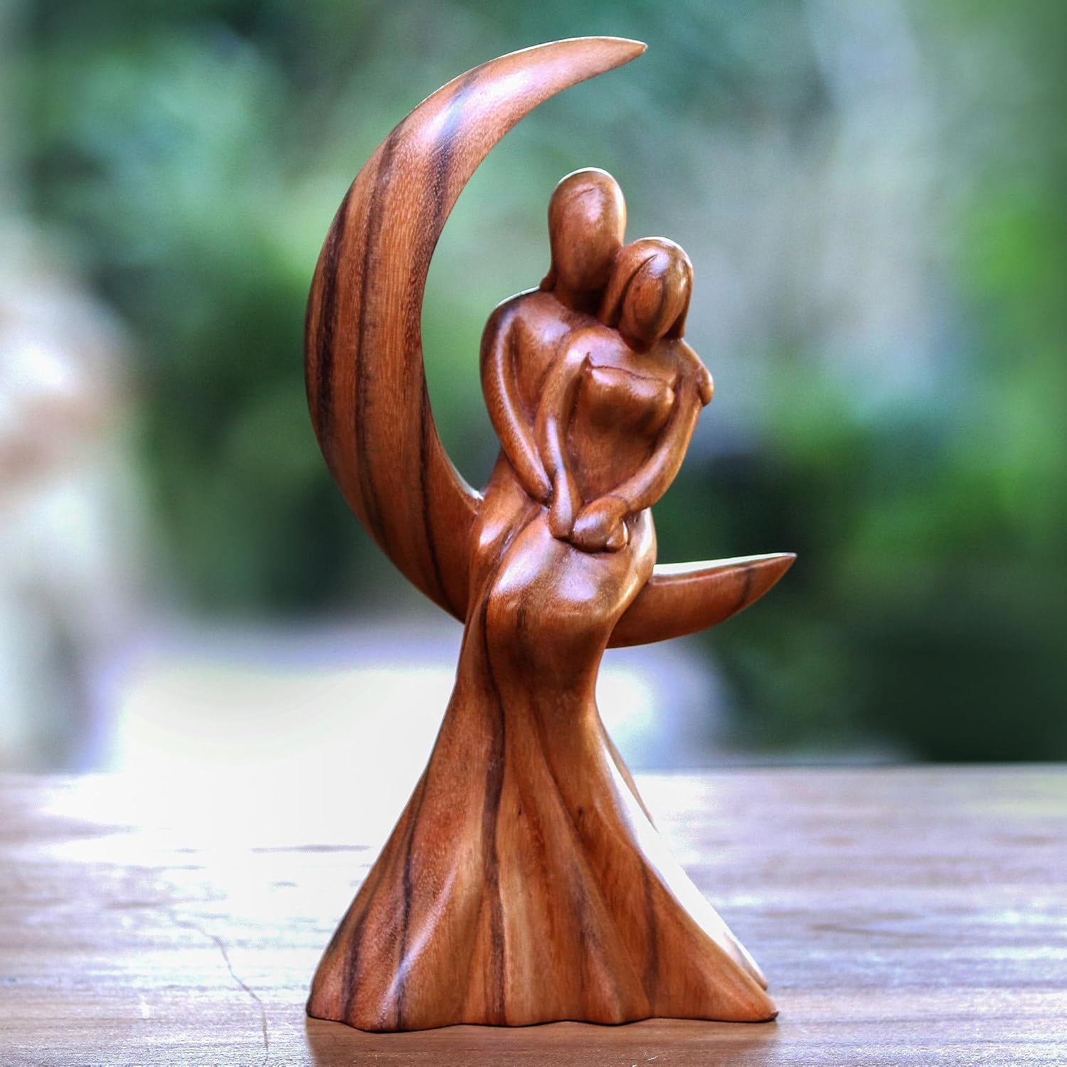 NOVICA Handmade Wood Sculpture Romantic Suar from Bali Brown Indonesia Moon 'Romance on The Moon'