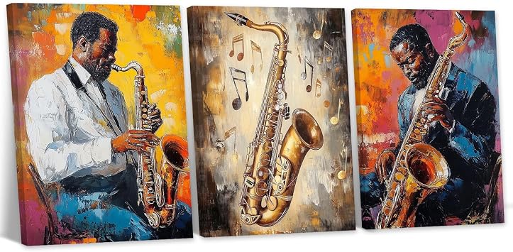 YMXZHUANSH Black Music Canvas 3 Piece African American Jazz Wall Art Saxophone Piano and Guitar Picture Prints for Music Studio Wall Decor FrameBlack 24x36inchx3P 60x90cmx3P