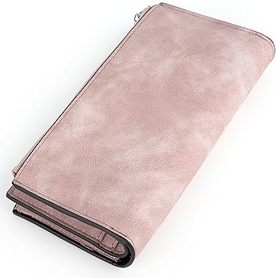 UTO RFID Wallet for Women PU Matte Leather Card Holder Organizer Zipper Coin Purse with Snap Closure Pink
