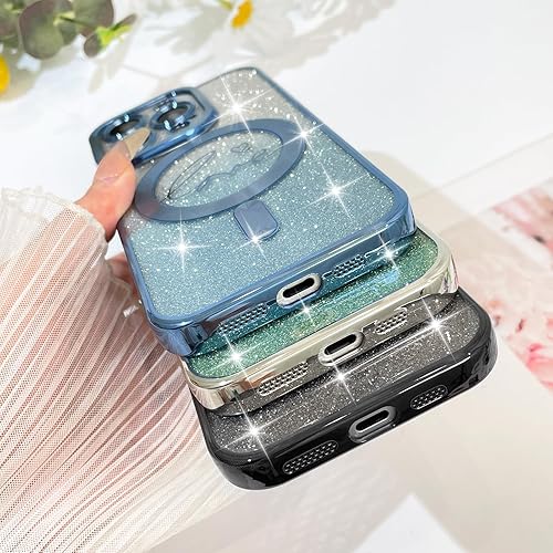 Vista 444 de Fiyart - Funda transparente magnética con purpurina para iPhone 12 para mujeres, con grabado "Love" metálico, protección para cámara y antigolpes