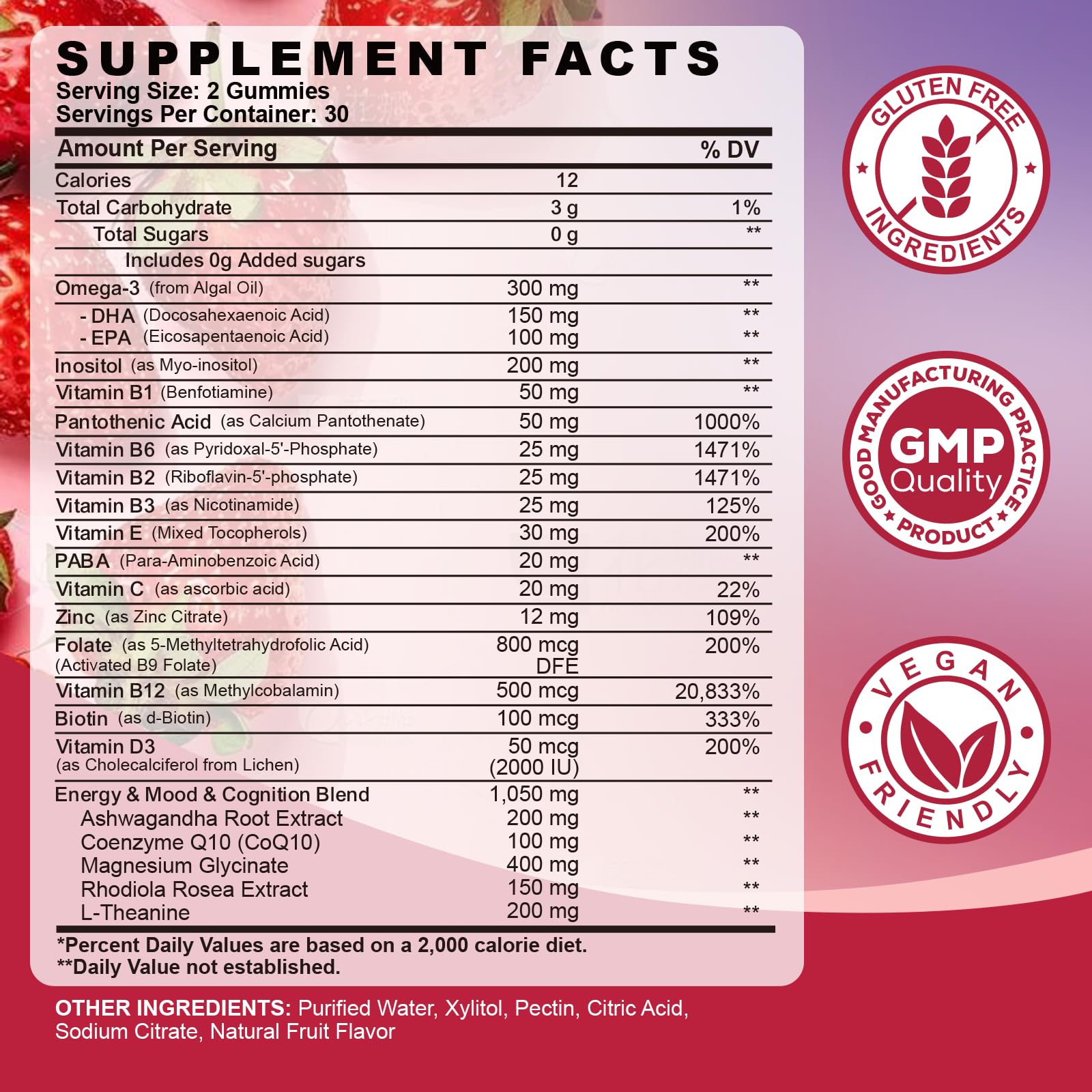 Methylated Vitamin B Complex Gummies for Women & Men with Vitamin B1, B2, B3, B5, B6, B7, B9, B12 & Magnesium, Omega-3, CoQ10, Supports Brain Health, Energy, Immune, Sugar Free, Fruit Flavor, 120ct — Amazon image 2