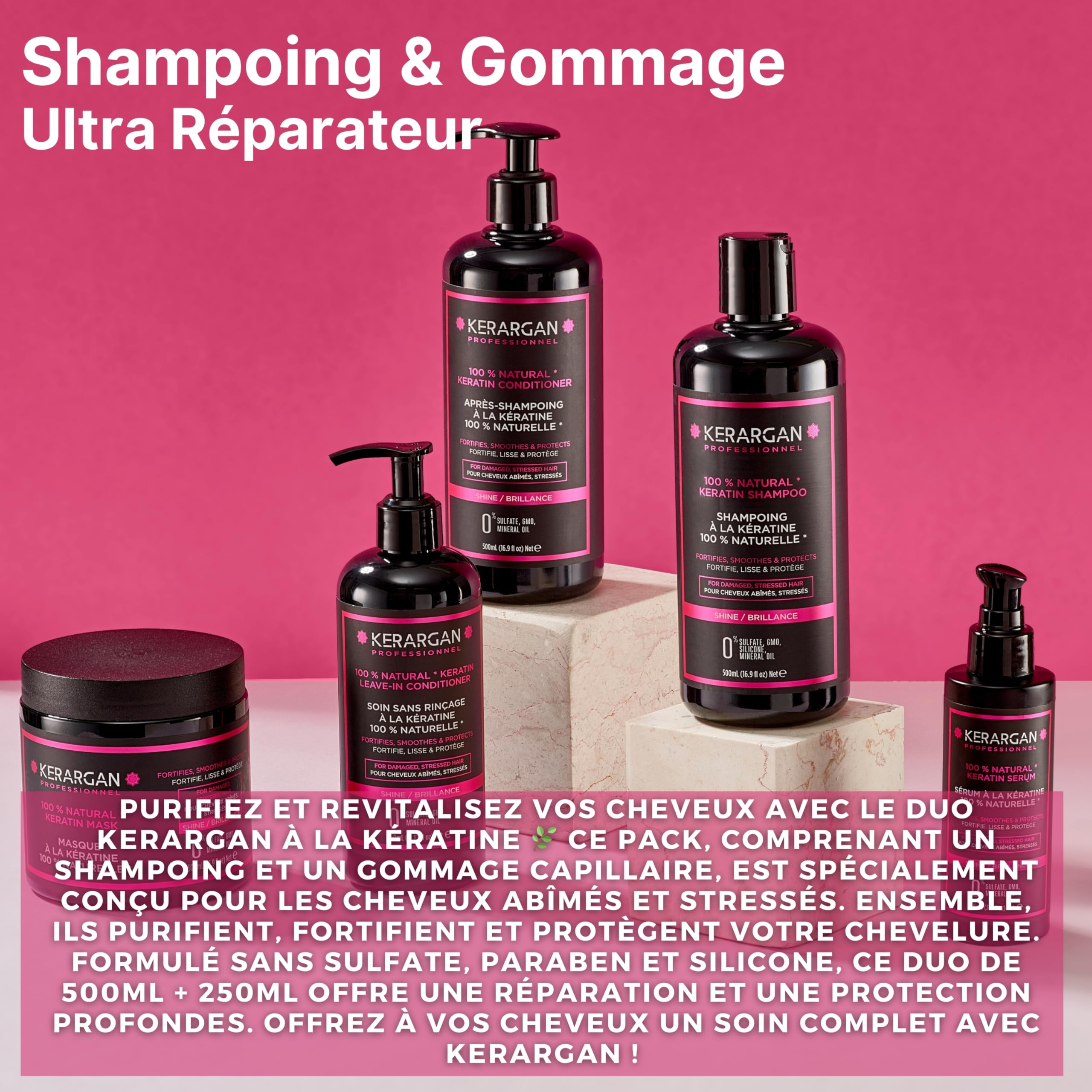 KERARGAN - Duo Kératine Shampoing & Gommage Sans Silicones - 500ml+250ml | Shampoing et gommage, nettoient et exfolient le cuir chevelu, formules sans silicones, OGM ni huiles minérales