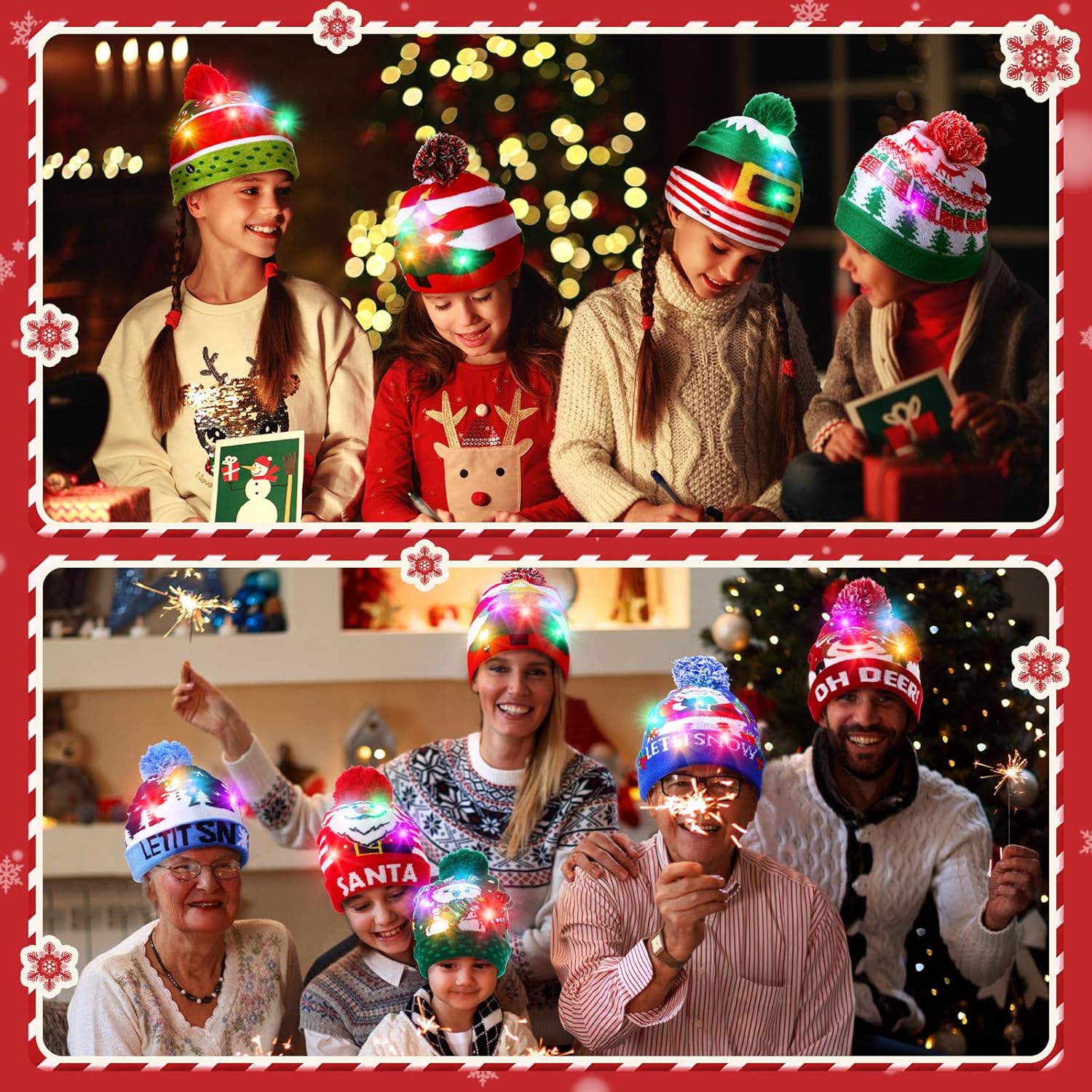 Suhine 16 Pcs LED Christmas Hat, Christmas LED Light up Knitted Beanie Hat Xmas Beanie Cap with Pompom Winter Knitted Hat - Image 5