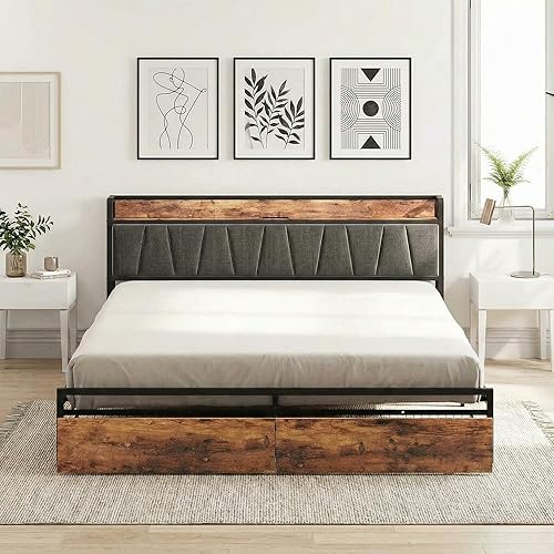 Miniatura 7 de LIKIMIO Base de cama tamaño King, cabecera de almacenamiento con estación de carga, cama de plataforma con cajones, no necesita somier, fácil Marrón