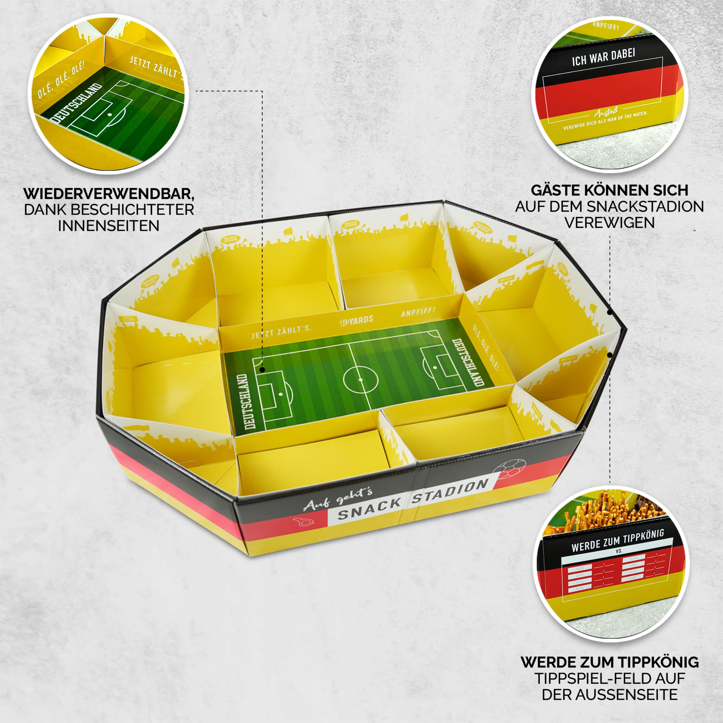 40YARDS Fußball Snack Stadium XXL 61x43 cm Deutschland Fanartikel | Großes Snackstadion für Fußball WM 2026 | Fussball Deko für Weltmeisterschaft | Party Snackschale | Deutschland Flagge + Tippspiel