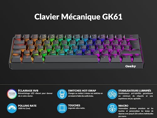 Geeky GK61 60% | Hot Swappable Mechanical Gaming Keyboard | 62 Keys Multi Color RGB LED Backlit for PC/Mac Gamer | ISO FR AZERTY French Layout (Black, Mechanical Speed Silver) - 4