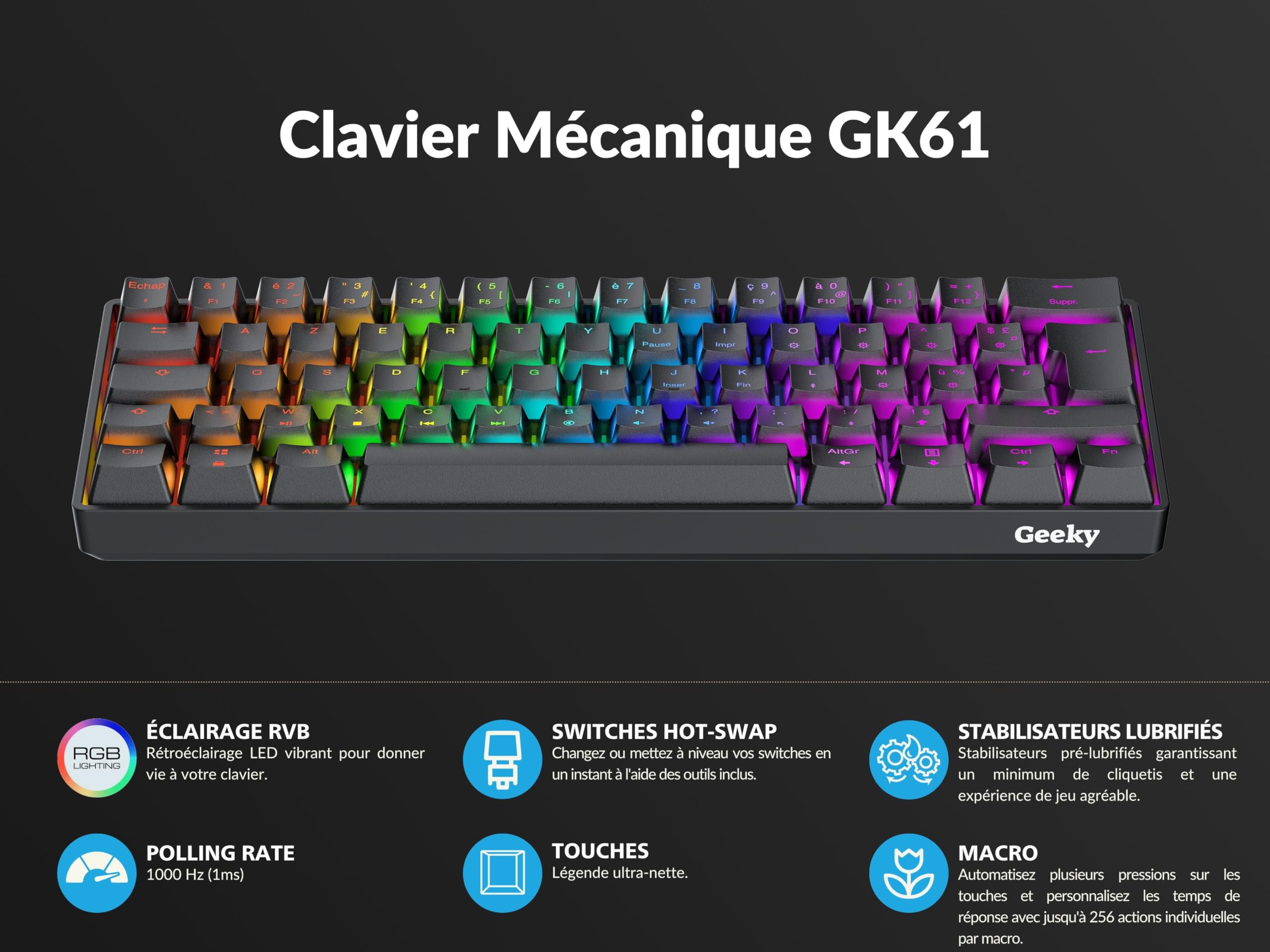 Geeky GK61 60% | Hot Swappable Clavier de Jeu Mécanique | 62 Touches Multicolores Rétroéclairées RGB LED pour Gaming PC/Mac | ISO FR AZERTY Clavier Français (Noir, Mechanical Speed Yellow)