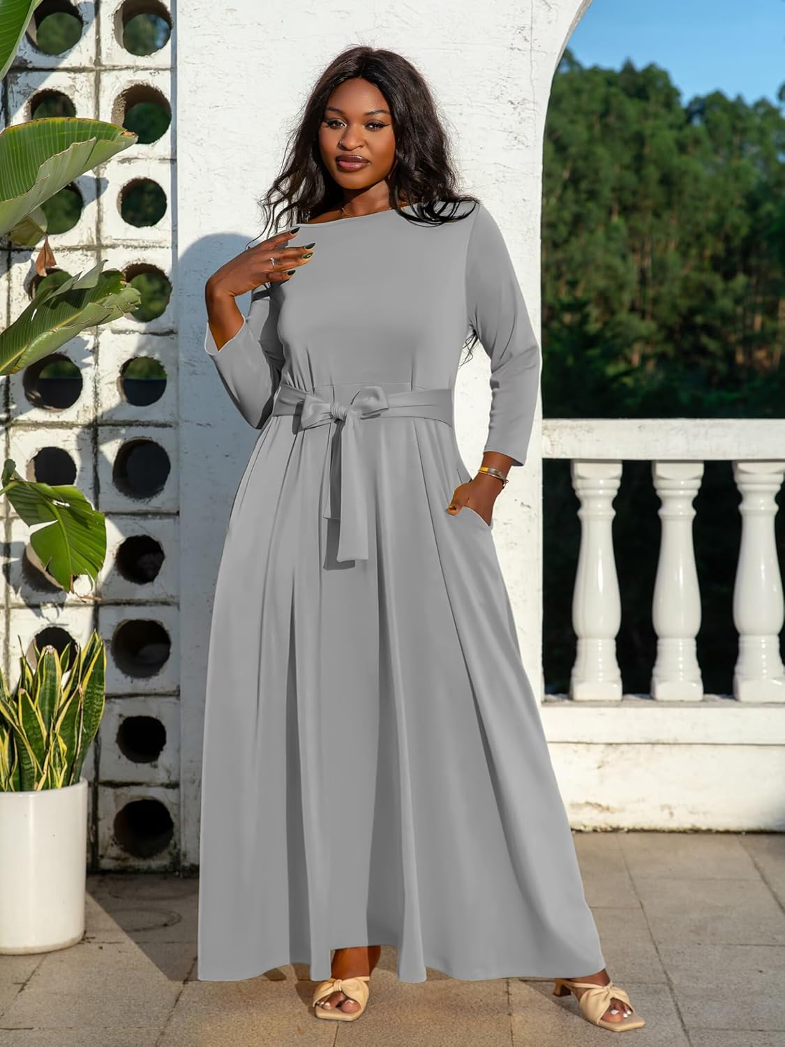 Plus Size Maxi Dress for Curvy Women with Belt Crew Neck 3/4 Sleeve Flowy Long Outfits Sizes L to 5XL - Image 5