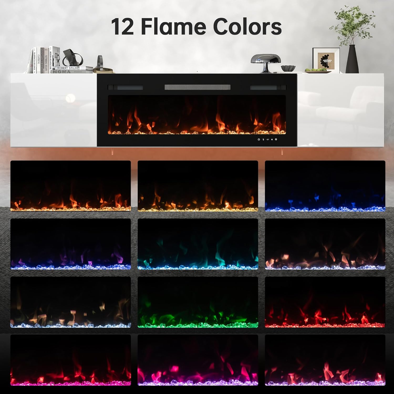 Real Relax 80" Floating TV Stand with 40" Electric Fireplace, Wall Mounted Entertainment Center with Storage, Remote Control, Modern LED Lights Fireplace TV Console for TVs Up to 90", White/Black
