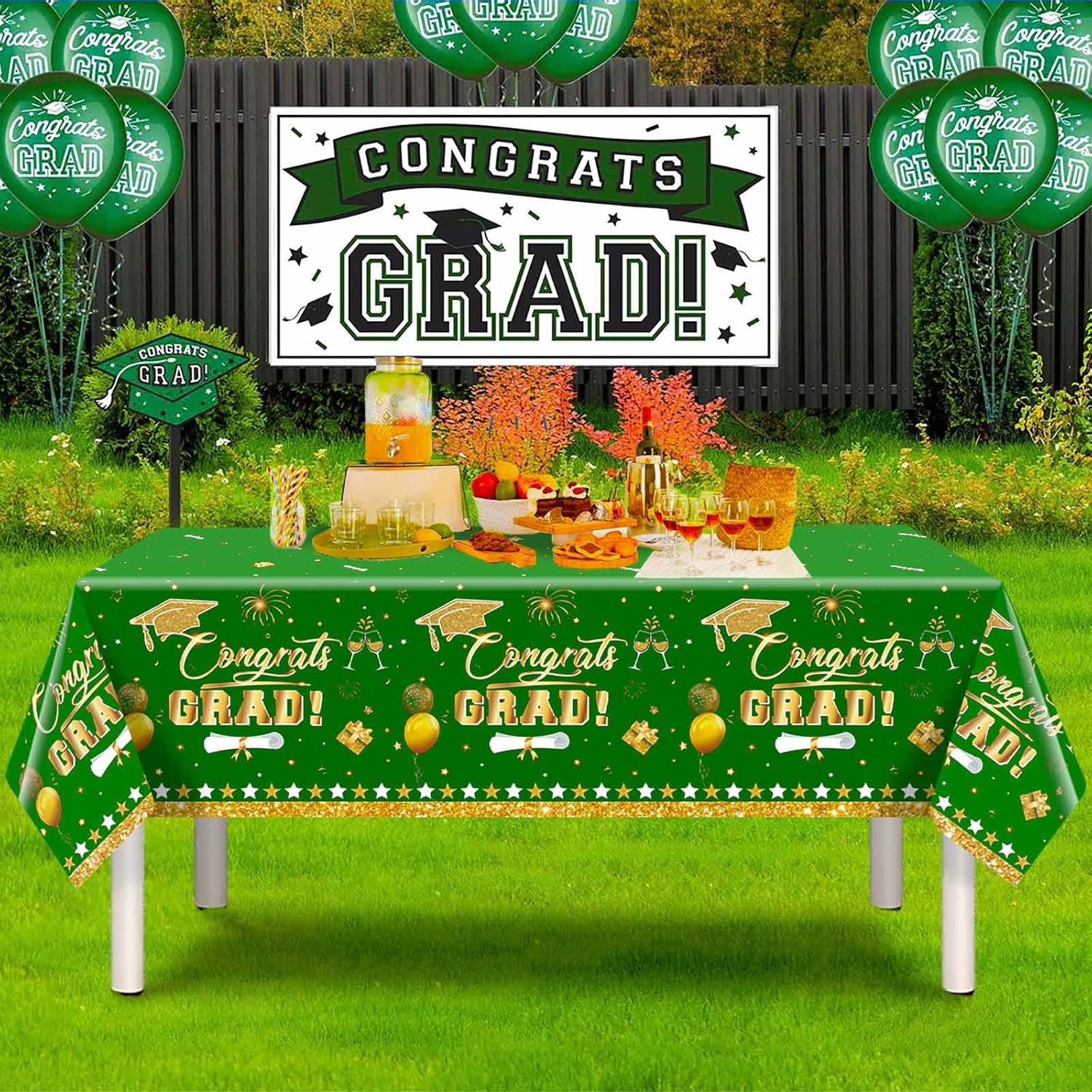 3 Pack Graduation Tablecloth Decorations,54x128inch Green and Gold Congrats Grad Disposable Plastic Waterproof Rectangular Table Cloth Cover Decor for Class of 2026 College High School Party Supplies image 3