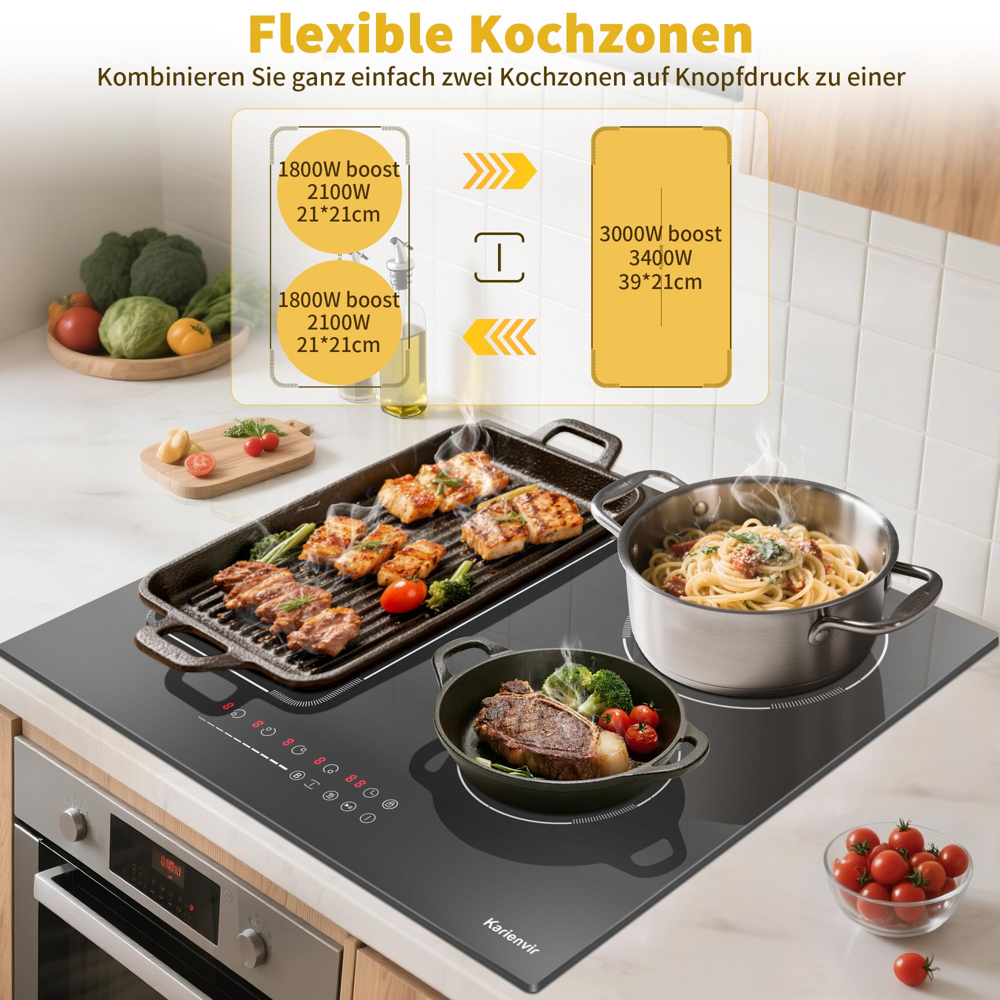 Induktionskochfeld 60 cm mit Stecker, 4 Platten Flexzonen, Boost-Funktion, 9 Leistungsstufen, Timer