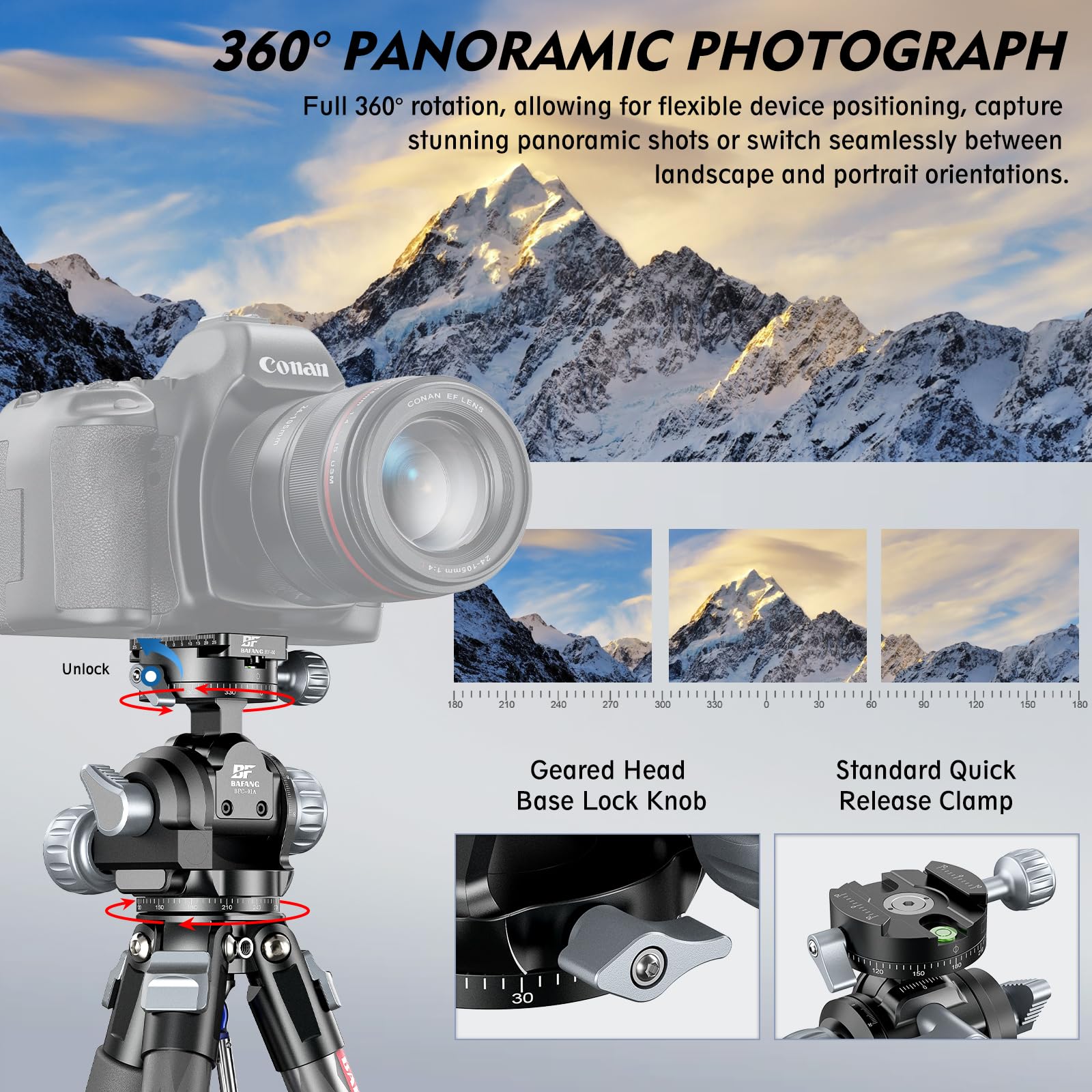 Getriebeneiger Stativkopf, Professioneller Stativkopf mit Quick Release Plate & Bubble Level, Fine-Tune-Neigung, 360º Dual Panorama, Heavy-Duty für Stative, Monopods, Kamera-Schieber