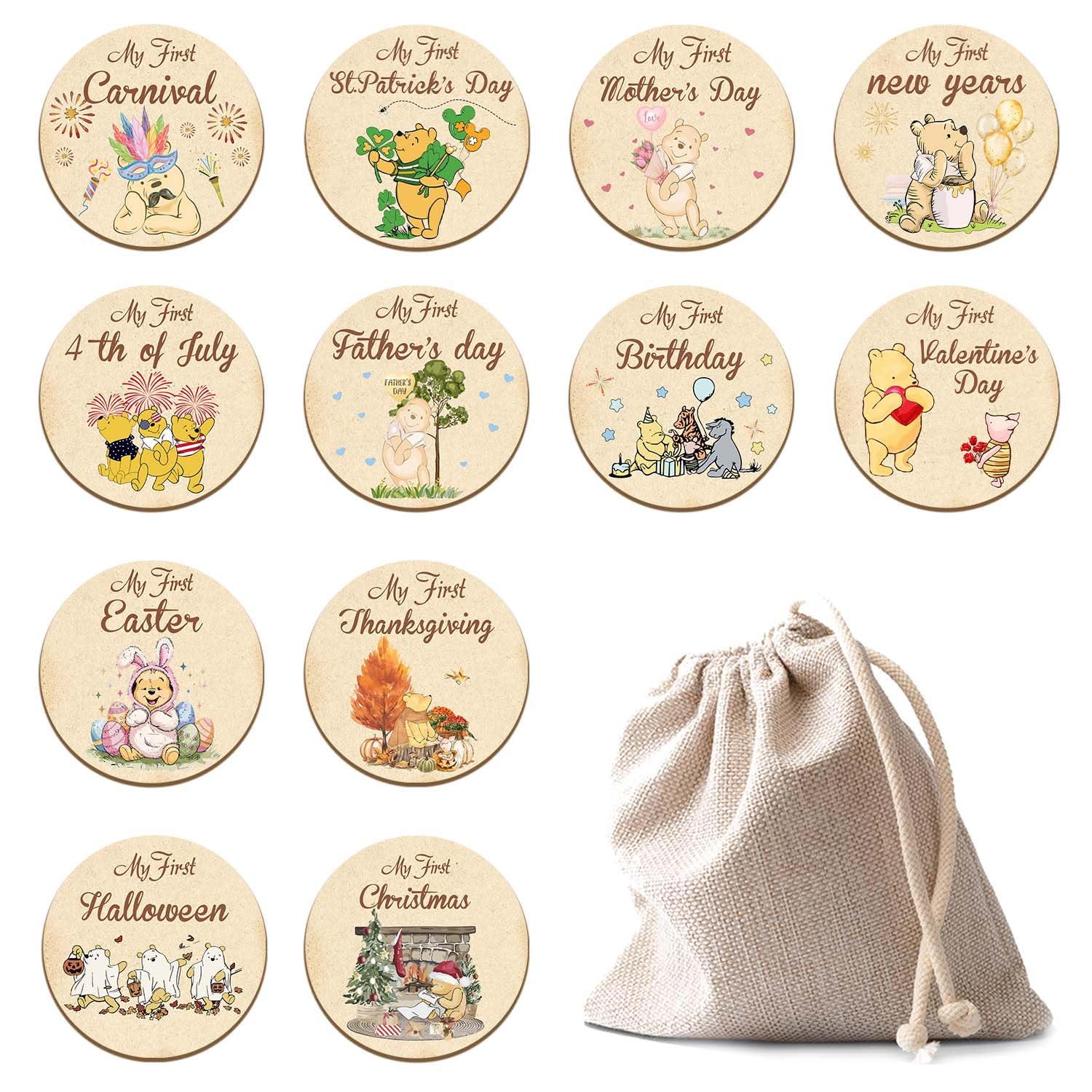 Winnie 6PCS My First Holiday Milestone Signs, Pooh My First Holiday Baby Milestone Double Sided Baby Months Wooden Signs with Storage Bags, The Pooh
