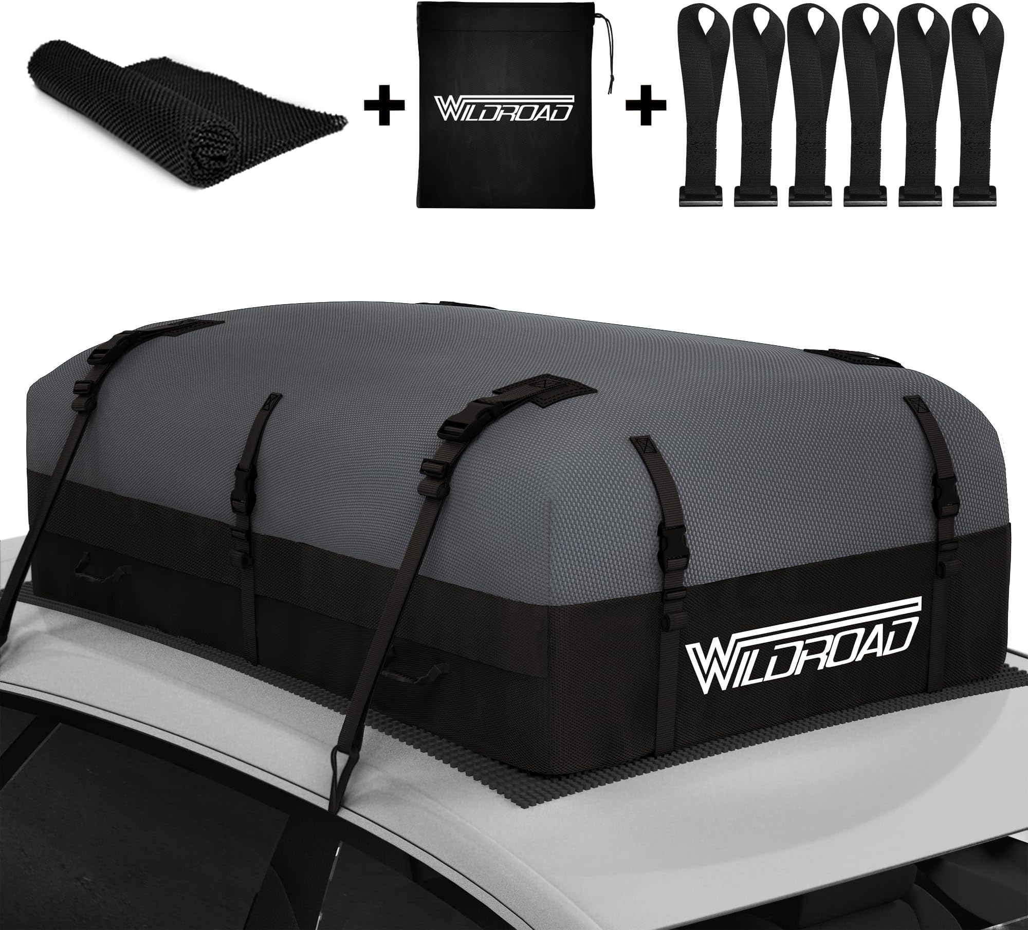 Rooftop Cargo Carrier Bag, WILDROAD 21 Cubic Feet 600D Ultra Anti-Tear Fabric Waterproof Car Roof Bag, Soft-Shell Roof Bag with Storage Bag, Anti-Slip Mat and 6 Door Hooks Fits Car with/Without Racks