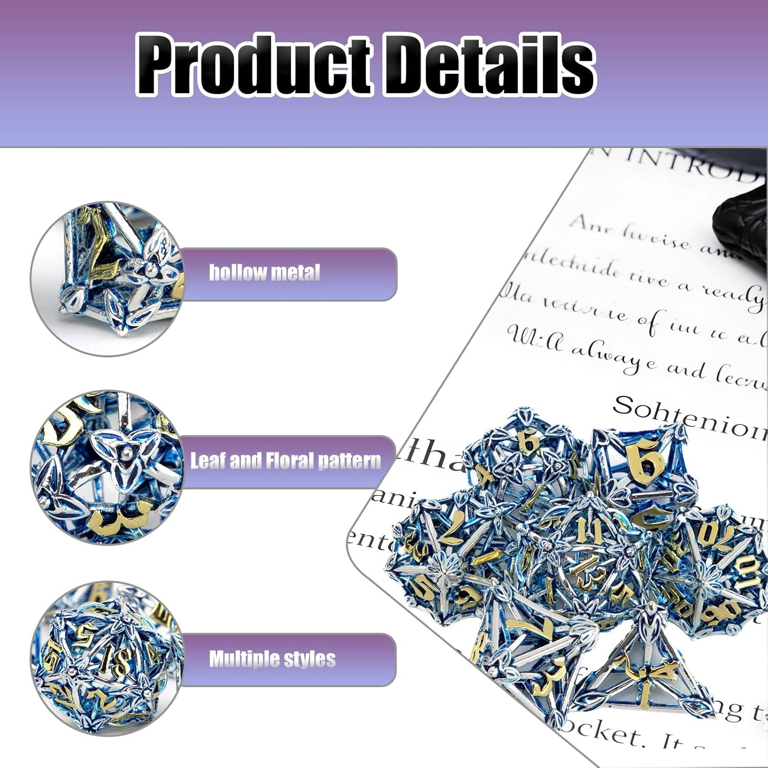 7 Piece Silver-Blue Leaf and Floral Metal Dice, Hollow Polyhedron, Compatible with Role-Playing RPG Board Game Card Game