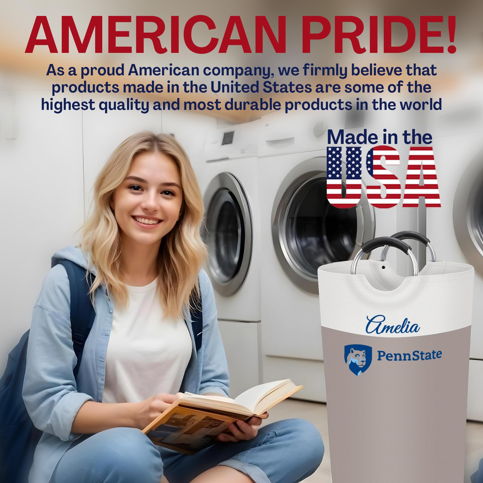 Personalized Laundry Basket, Large Laundry Hamper, Collapsible Laundry Basket for College Dorm,Promotional Laundry Basket with Logo, Waterproof XL Laundry Bag with Handles 90L-Beige