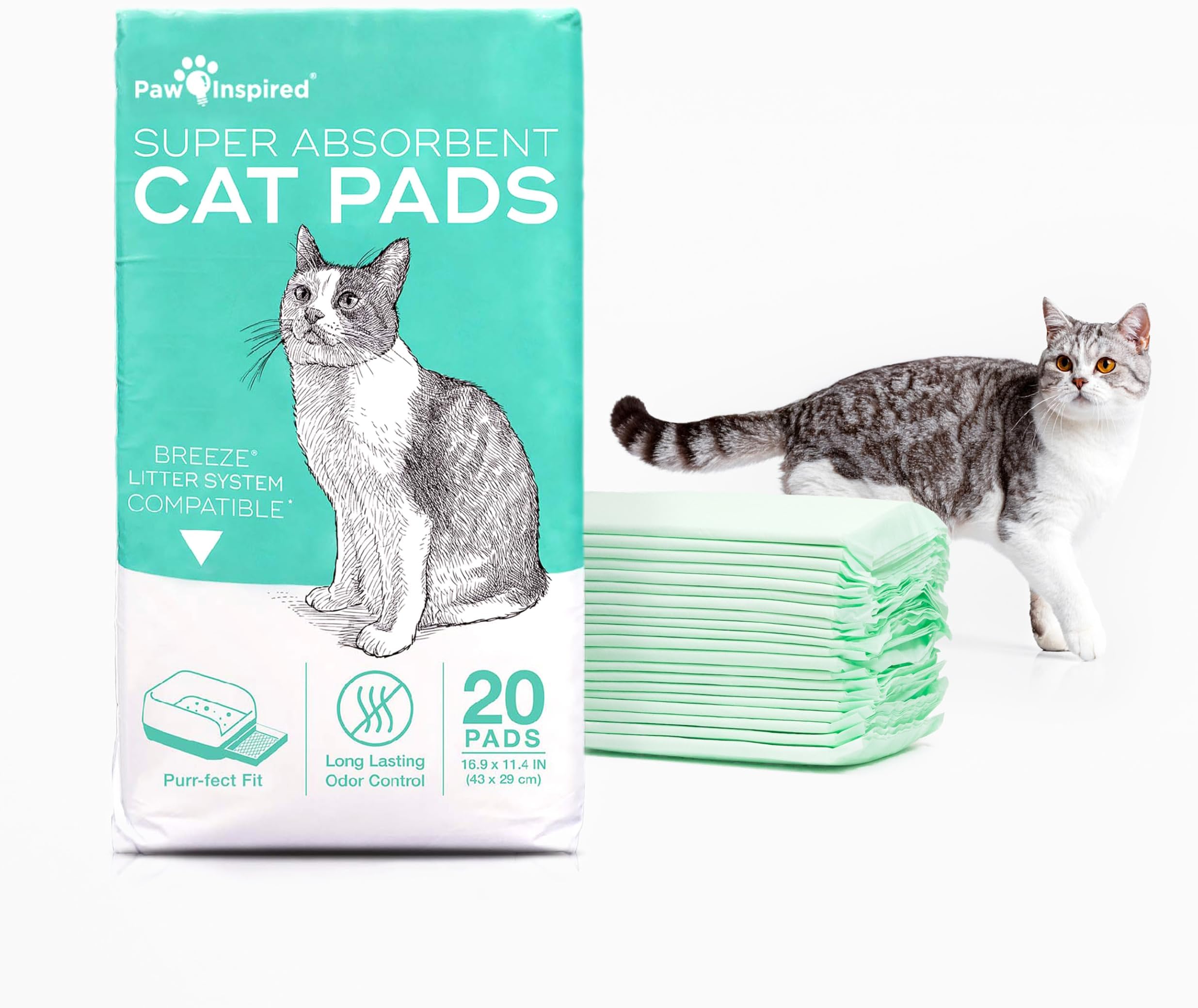 Paw Inspired Cat Pads, Generic Refills for Tidy Cats Breeze Litter Box System, Disposable Kitty Litter Liners, Super Absorbent Pee Pads, 16.9 x 11.4 Inch (Original/Unscented, 20 Count)