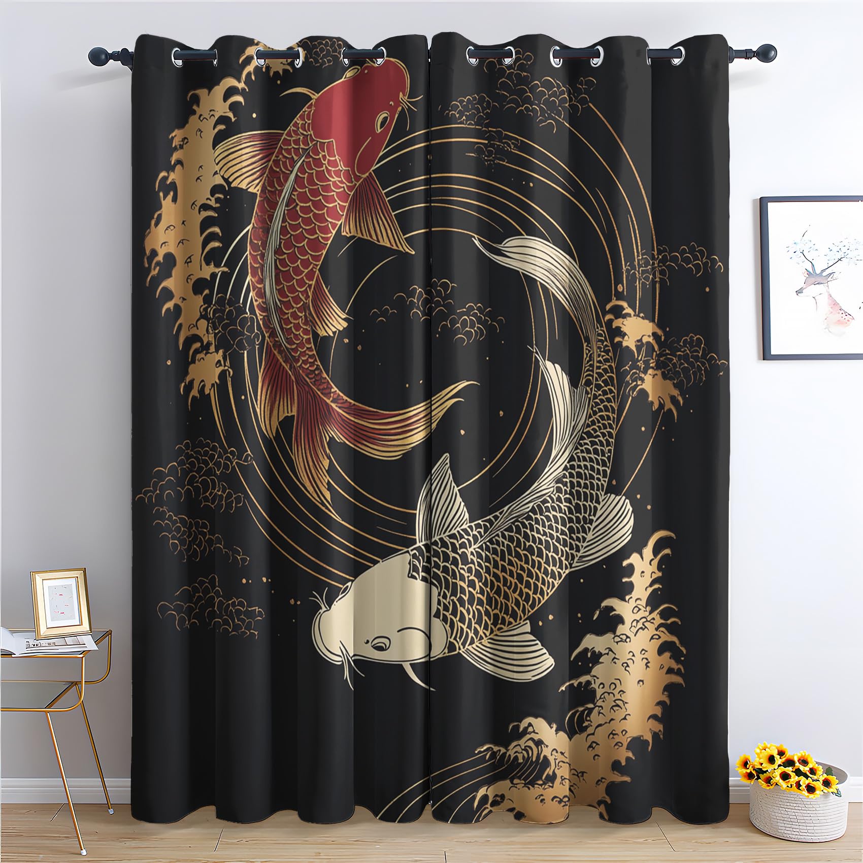 Qtjacryxen Koi Fish Blackout Curtains 108 Inch Length, Japanese Wave Curtains for Bedroom Living Room Decor, Oriental Black Out Grommet Window Drapes