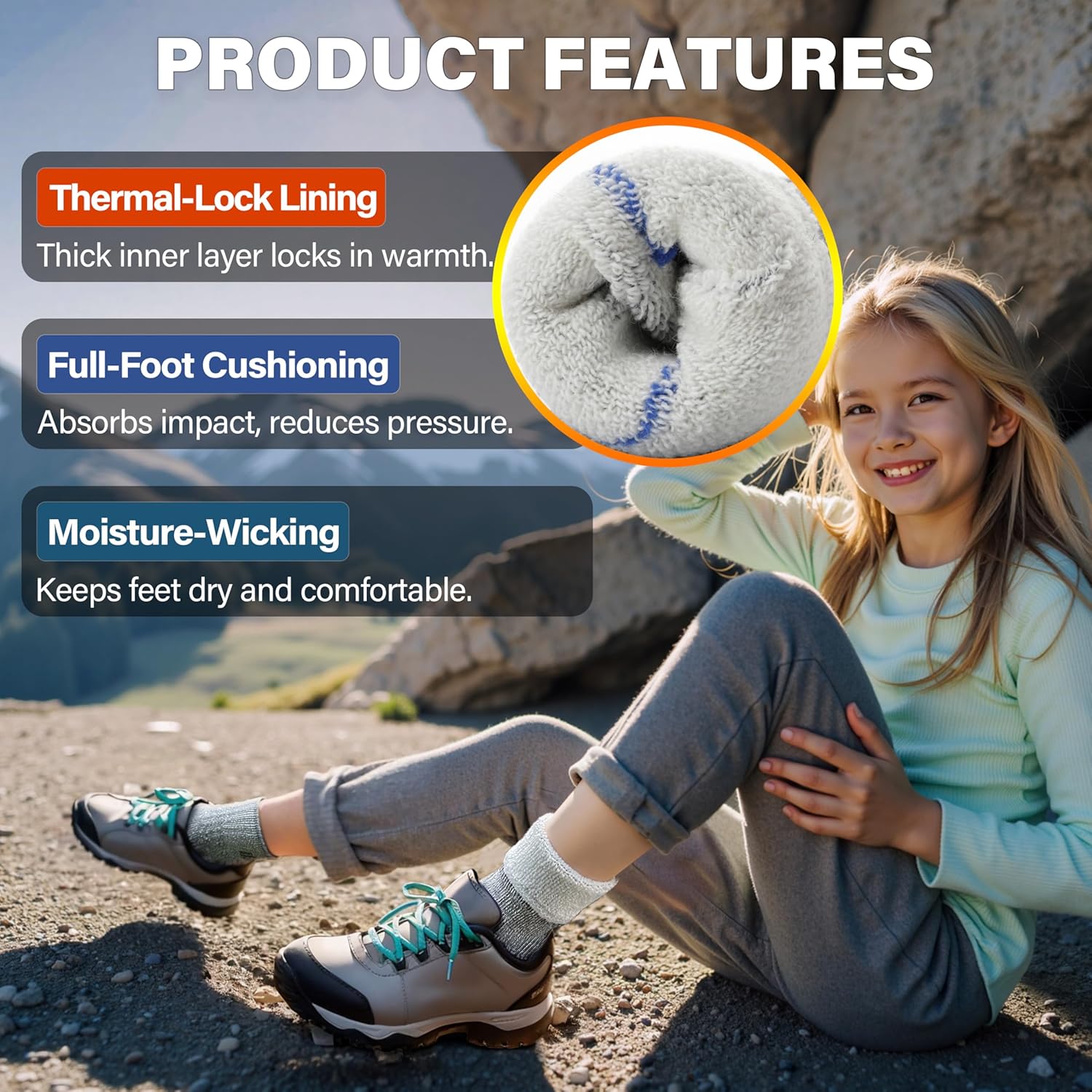 Anlisim Wool Socks, Thermal Winter Warm Thick Merino Wool Hiking Socks for Kids & Teens, 4 Pairs - Image 3