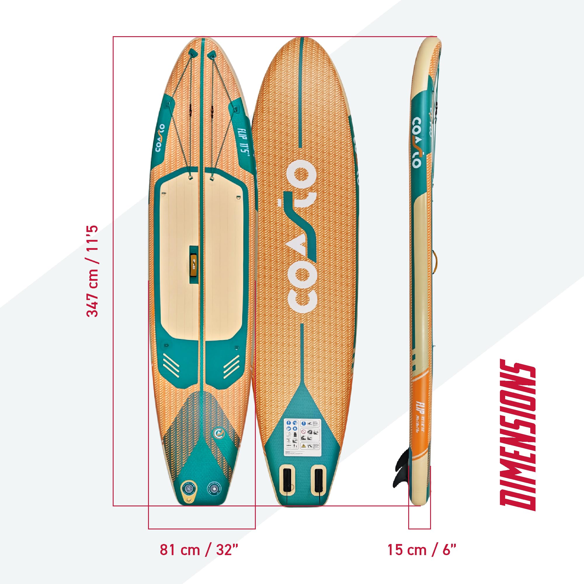 Coasto - Sup Stand Up nadmuchiwana wiosła Coasto Flip 11'5 - PB-CFLIP115-348x81x15cm Dropstitch Tkana - Kompletny pakiet: Wiosło Smycz Pompa Torba transportowa - Do 150kg - Pomarańczowy