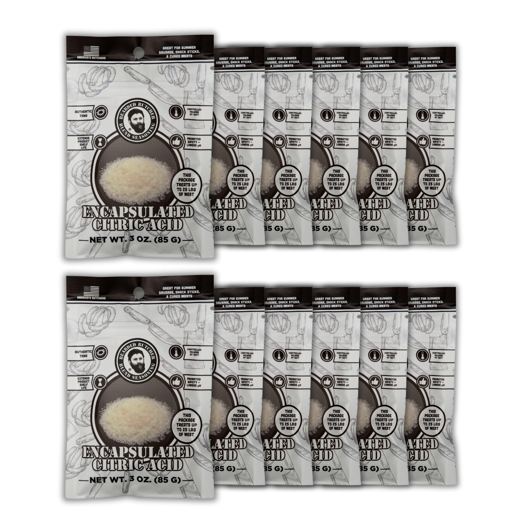 Bearded Butchers Encapsulated Citric Acid 60%, 3oz Case of 12 Packs – Non-GMO Sausage Tang for DIY Meat Processing – Season Up to 25 lbs of Ground Meat – Ideal for Summer Sausage and More