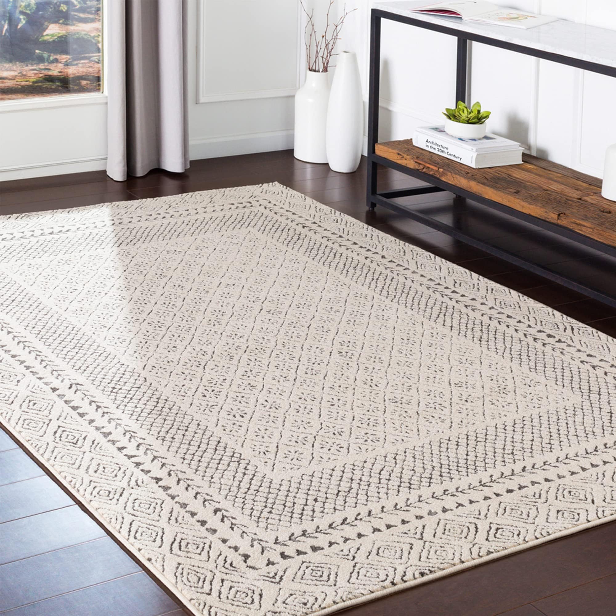 Livabliss Monaco Geometric Rug - Scandi Area Rugs Living Room 160x220 cm, Dining, Kitchen - Neutral, Abstract Patterned Rugs, Boho Rug Style, Easy Care Pile - Large Rug, Beige and Charcoal Grey Rug
