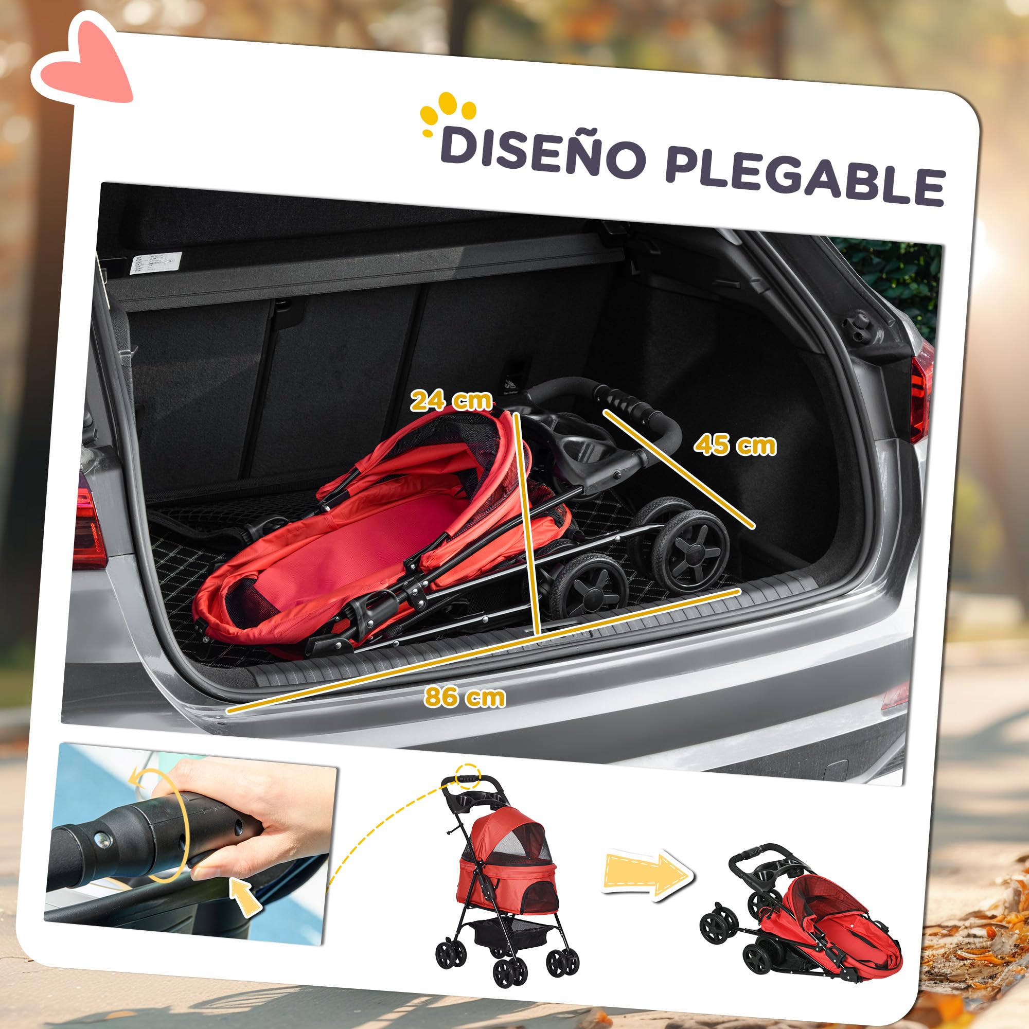PawHut Cochecito para Perros Plegable Carrito para Perros Pequeños con Ruedas Universales Cesta de Almacenaje Correas de Seguridad y Ventana 67x45x96 cm Rojo