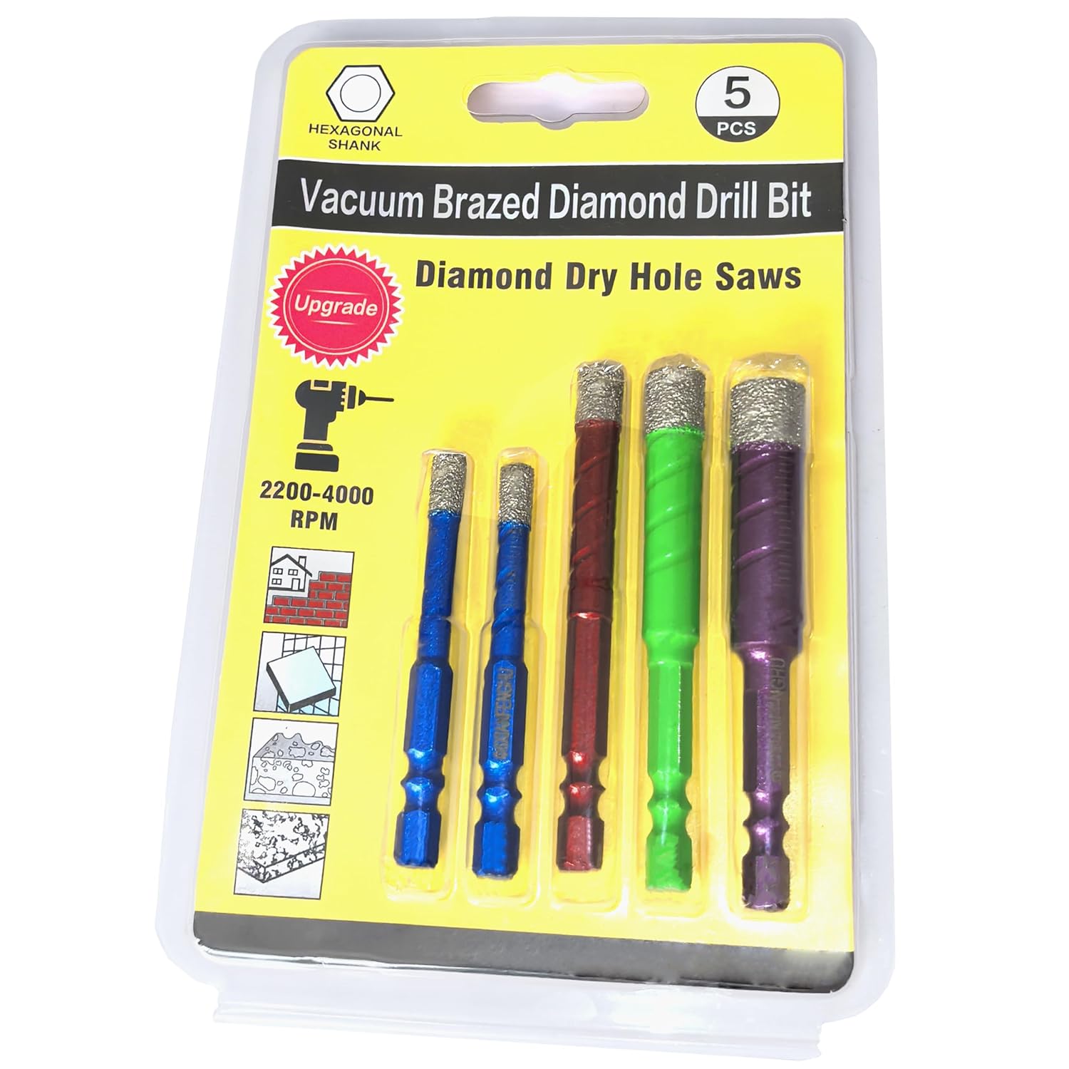 Diamond Core Drill Bit Set 5 PCS Hex Shank Diamond Drill Bits for Ceramic Porcelain Tile Marble Granite Quartz Stone and More (1/4"~1/2")