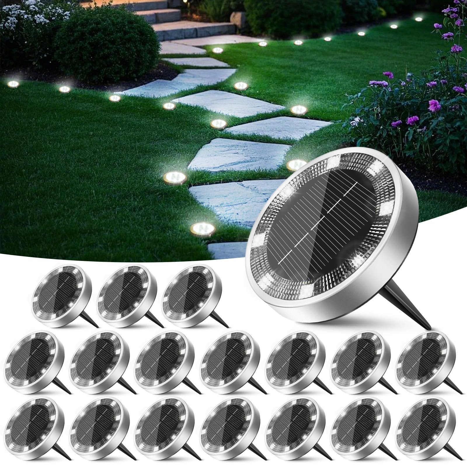 Peasur 18 Pack Solar Ground Lights Outdoor Garden, Waterproof Solar Disk Light, Pathway Lights for Yard Lawn, Landscape(Cool White)