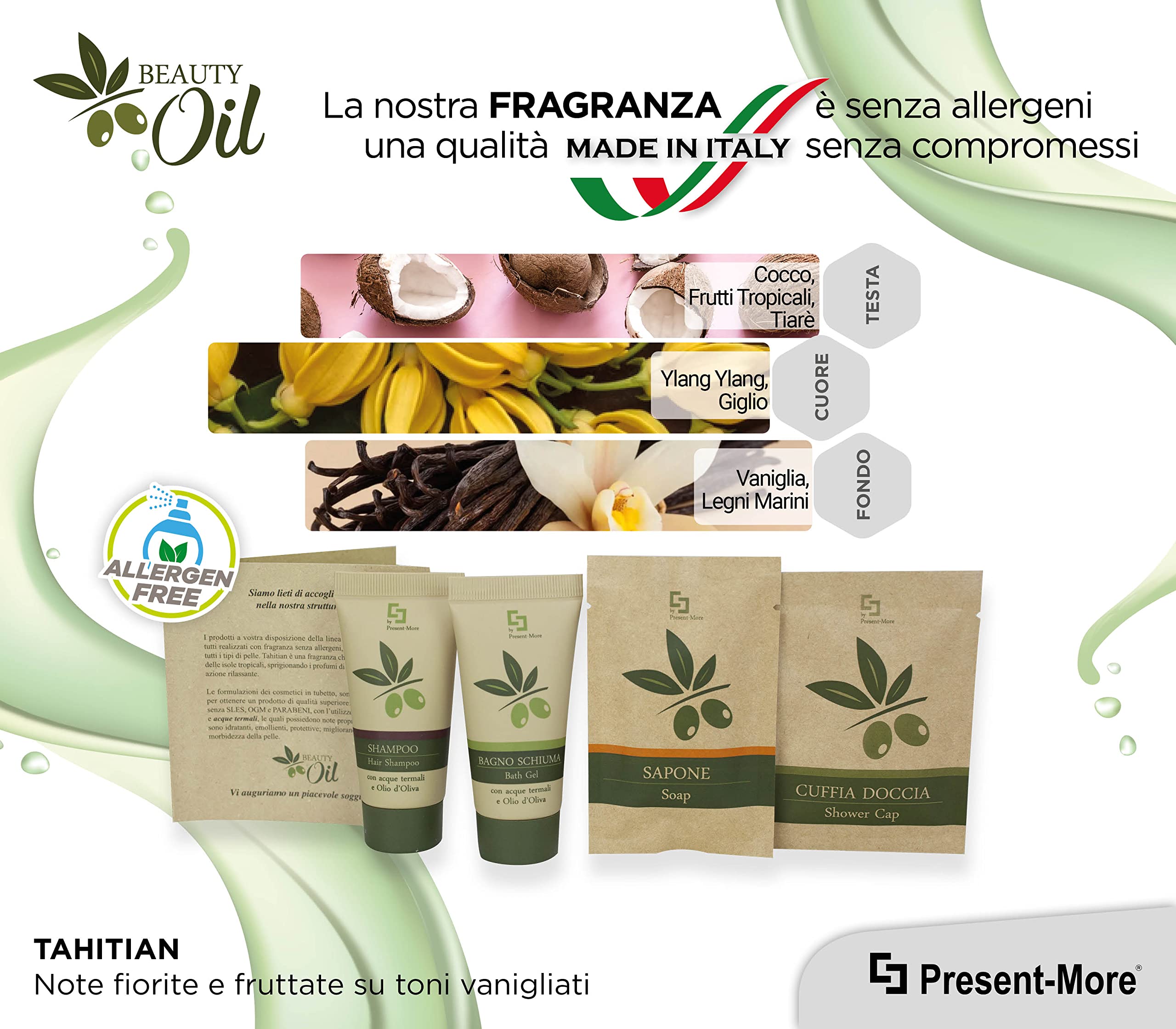 PRESENT-MORE - Set Cortesia 20 Ospiti Beauty Oil - Fragranza Tahitian - Contiene: Shampoo, Gel Doccia, Sapone e Cuffia - Made in Italy - Per Hotel e B&B