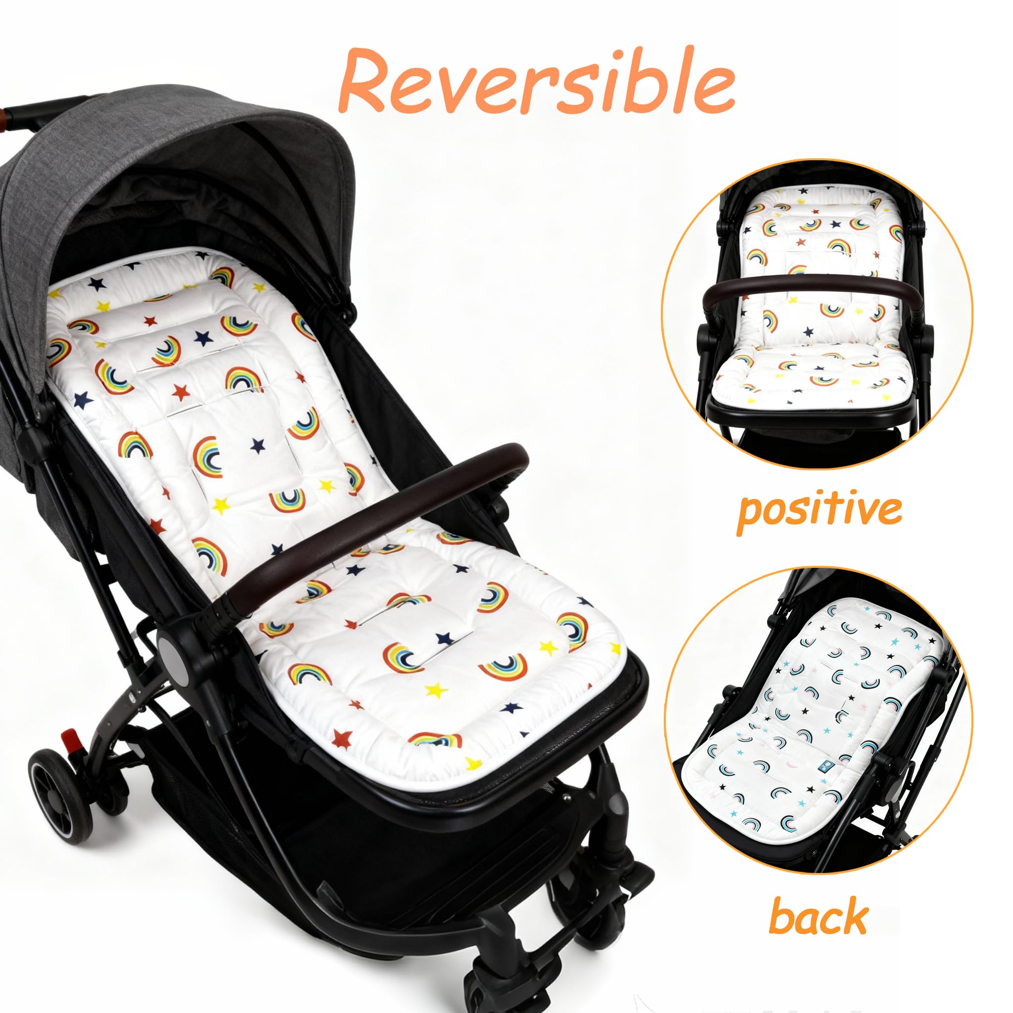 Universal Pushchair Pram Liner Cotton Baby Pushchair Seat Liners Double-Sided Use Baby Stroller Cushion Pad for Toddler Infant 78x34cm (Orange Blue Rainbow) - Image 3
