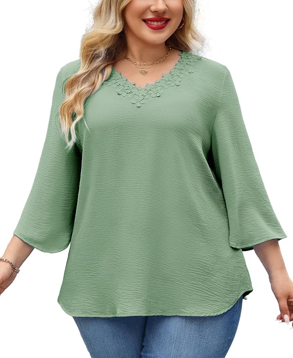 splensive Sage Green Plus Size Blouses 3/4 Sleeve Women Top Floral Trim 2XL by splensive - Used condition - US$18.01