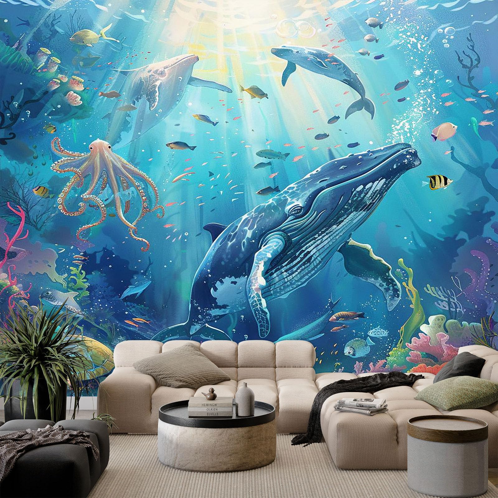 3D Effekt Fototapete Abstrakte Kunst Unterwasser-Tiere Wanddeko, Blau Hochwertige Wanddekoration, Vlies Tapete Wandbild für Wohnzimmer Schlafzimmer Büro 350x256cm