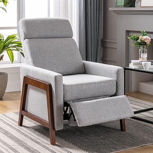 Merax Moderna silla reclinable tapizada de mediados de siglo con cojín de asiento grueso y respaldo sillón de madera gris gris para sala de estar