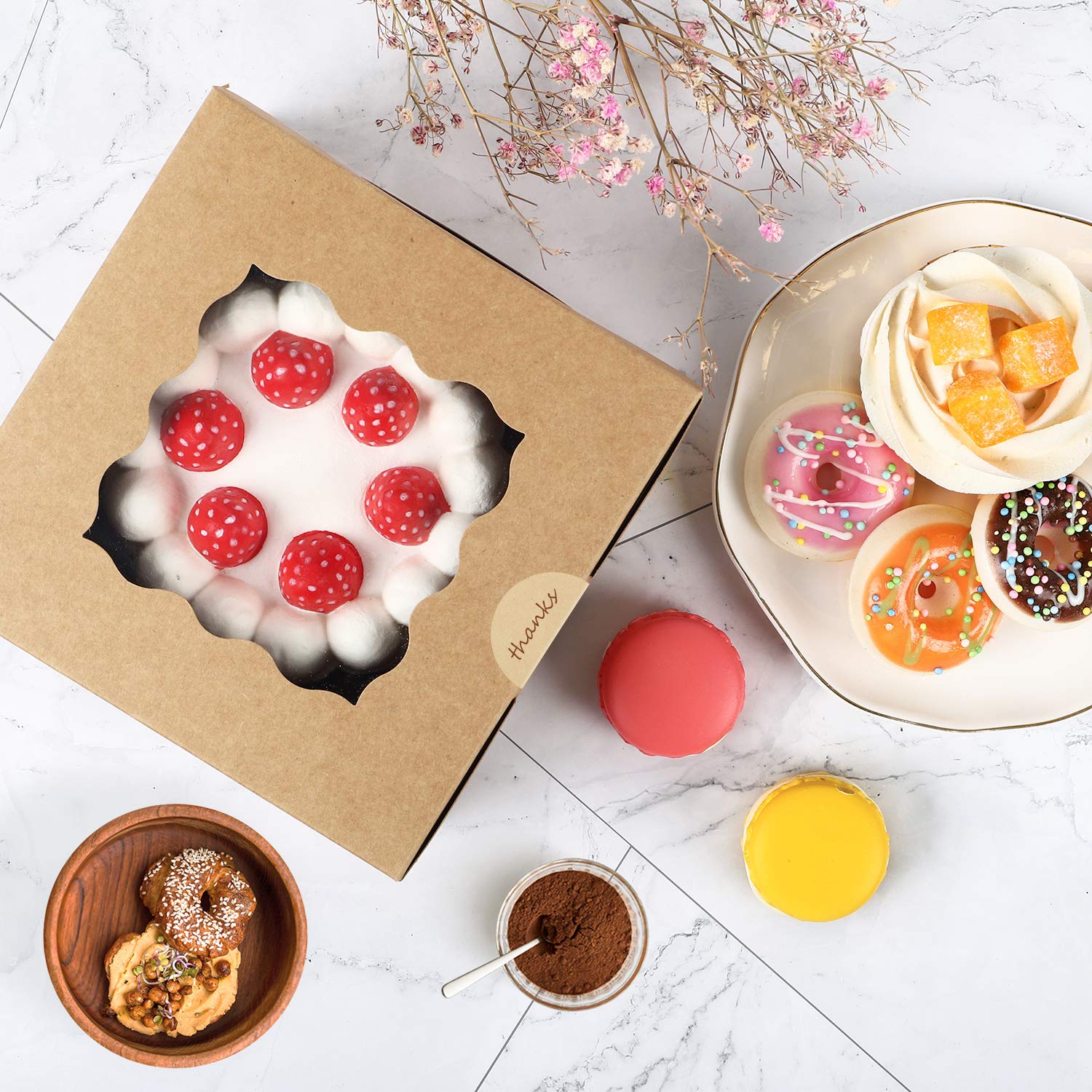 Moretoes 24pcs 6x6x3in Brown Bakery Boxes Pastry Boxes Cookie Boxes Mini Cake Boxes with Window Included Parchment Paper and Stickers