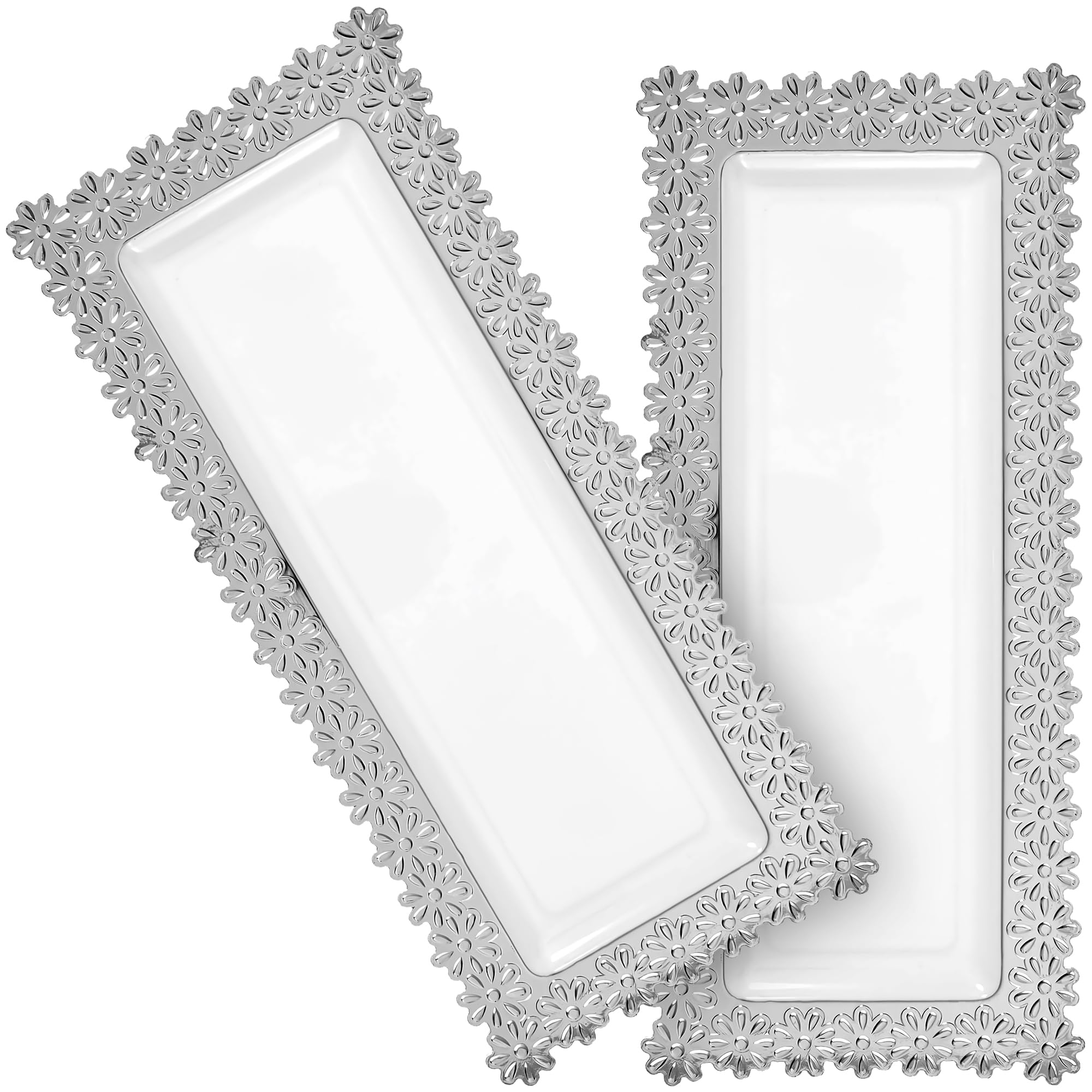 Simcha Collection White Sm Oblong Plastic Trays (14' x 6") - Pack Of 2 - Elegant Flower Design, Perfect Serving Platters For Weddings, Birthday Parties, Entertaining, Events, & More