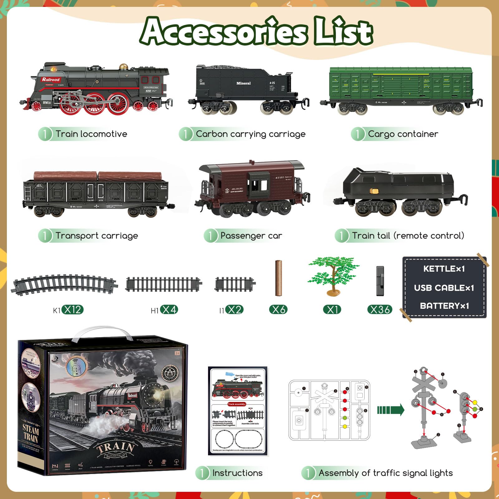Set Treno Elettrico Telecomandato Natalizio con 3 Uscite di Fumo, Luci e Suoni, Locomotiva e Vagoni su Binari, Telecomando, Decorazione sotto l’Albero di Natale, Regalo per Bambini dai 3 Anni in su
