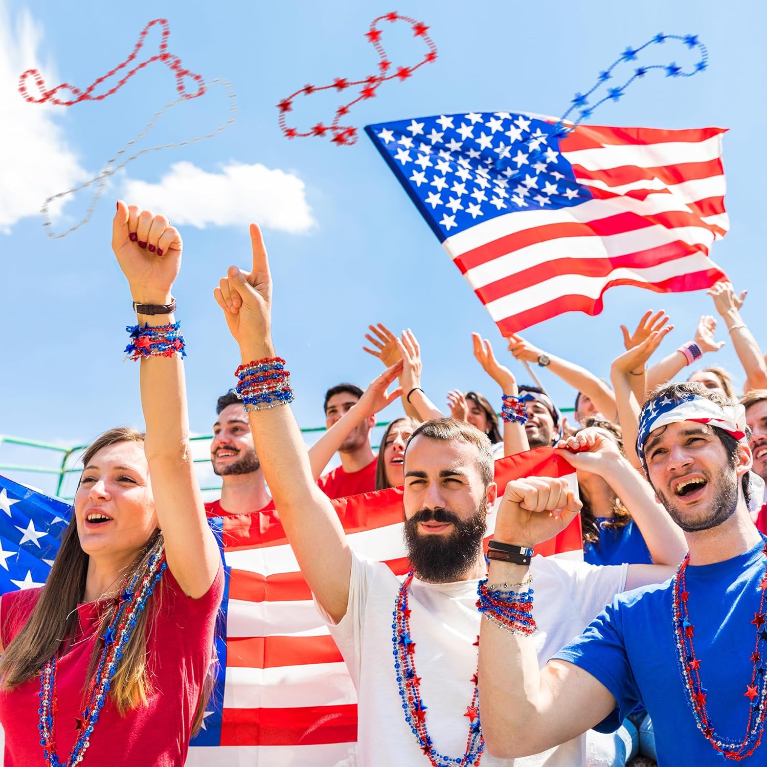 EOBOH 100PCS 4th of July Necklace, 6 Kinds Patriotic Fourth of July Beads Necklace Bulk, Independence Day Red Blue White Stars Round Beads, Patriotic Bulk for Parade Party Celebration Favors