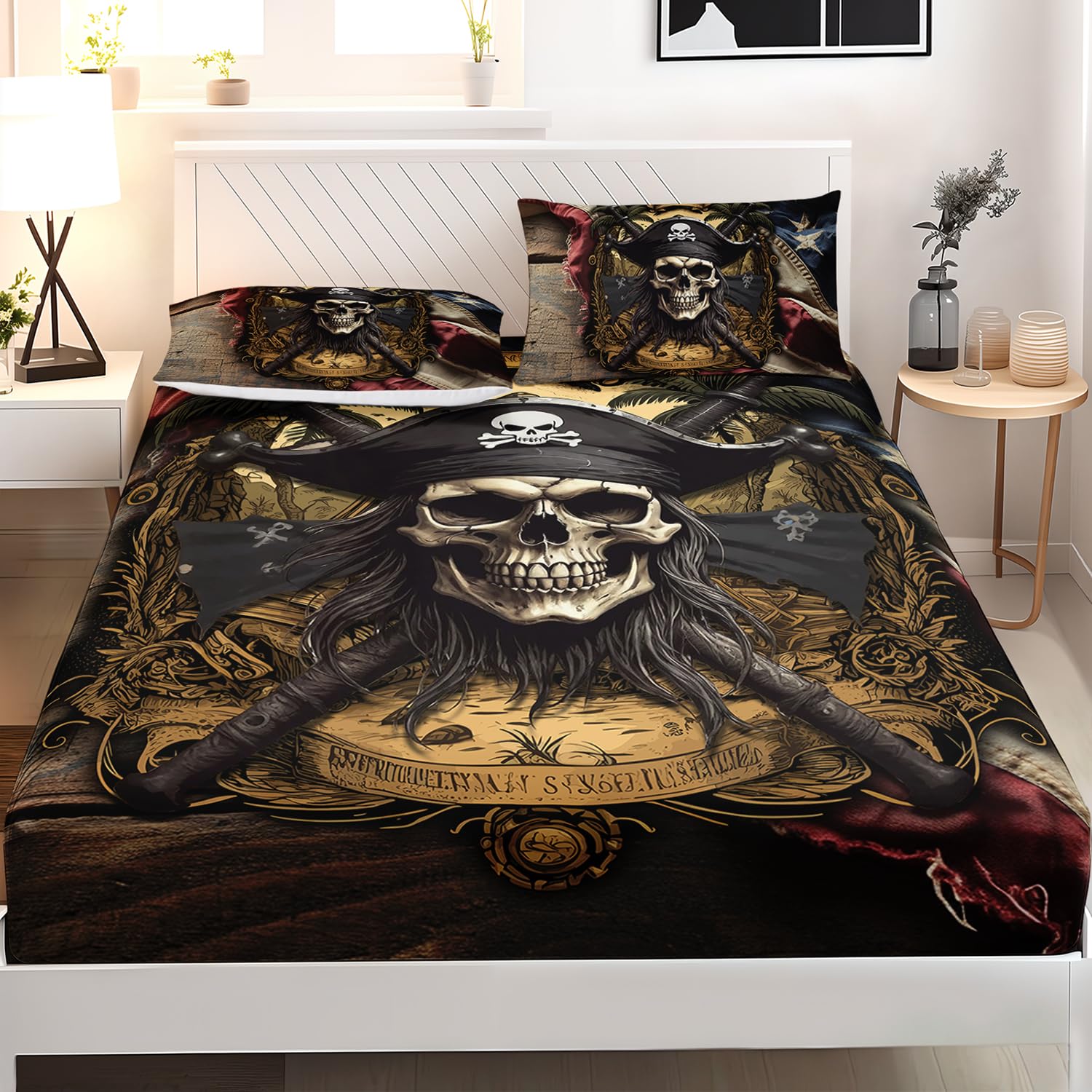 AILONEN Pirate Fitted Sheet Set for Boys, Twin American Flag Captain Skull Bed Sheet Set, 3 Pieces Retro Skull Sheet Nautical Skeleton Fitted Sheet and 2 Pillowcases