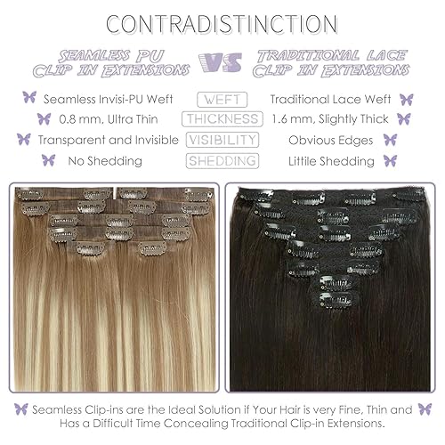 Vista 259 de Lacer Extensiones de cabello humano con clip, de doble trama, cabello brasileño de cabeza completa, color negro azabache, extensiones de cabello
