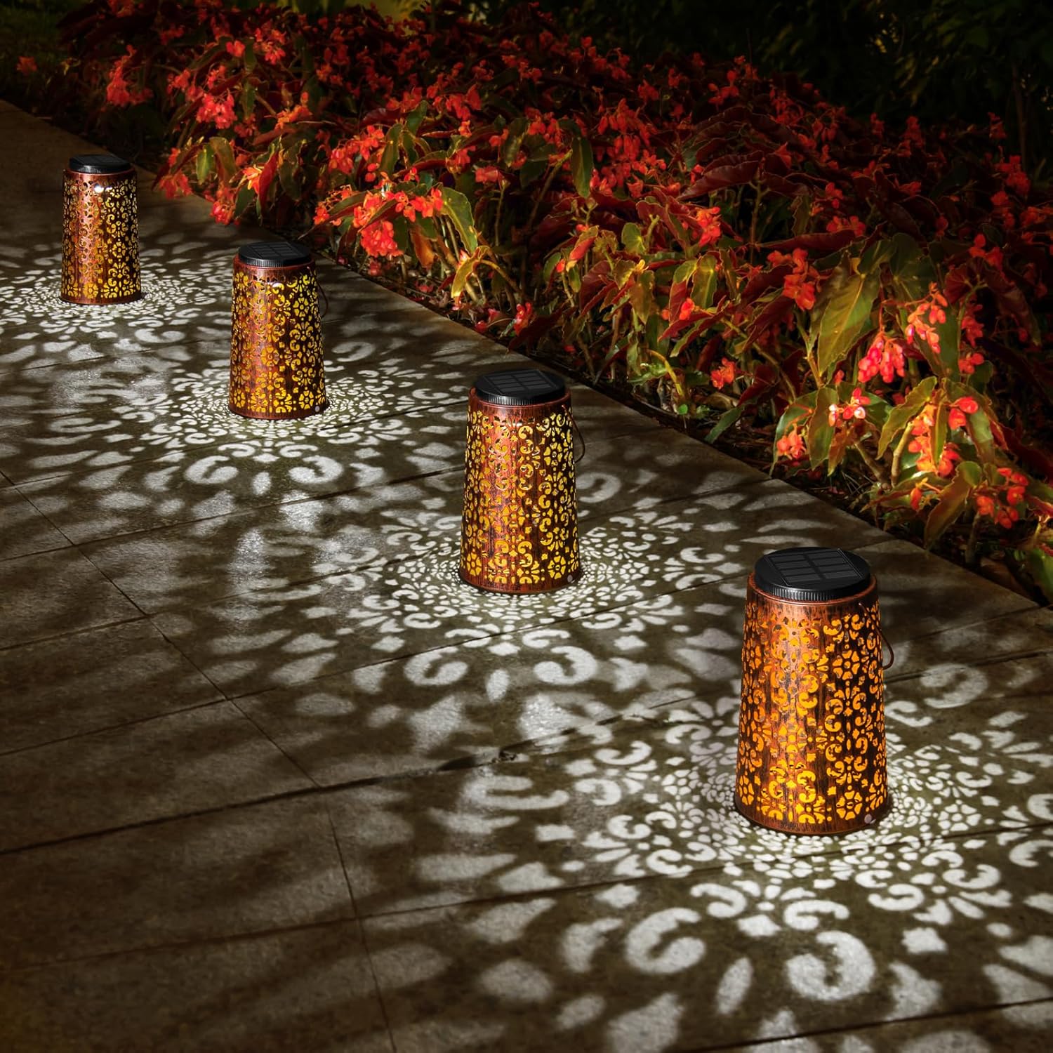 4 Pack Solar Hanging Lanterns Outdoor, 2 Modes Adjustable White & Warm Light, Auto On/Off Metal Waterproof Solar Lights for Patio Garden Wall & Tabletop Decor