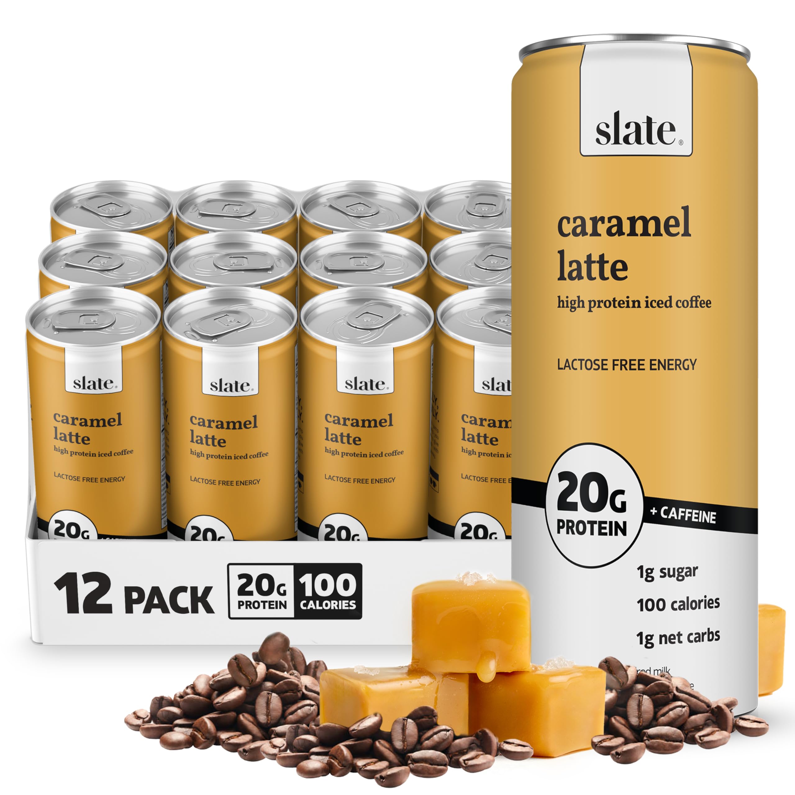 Slate Milk - High Protein Iced Coffee - Caramel Latte - 175mg Caffeine, Lactose Free Energy - 20g Protein, 1g Sugar, 100 Calories, 1g Net Carbs, No Sugar Added - Protein Coffee - 11 fl oz, 12 Cans