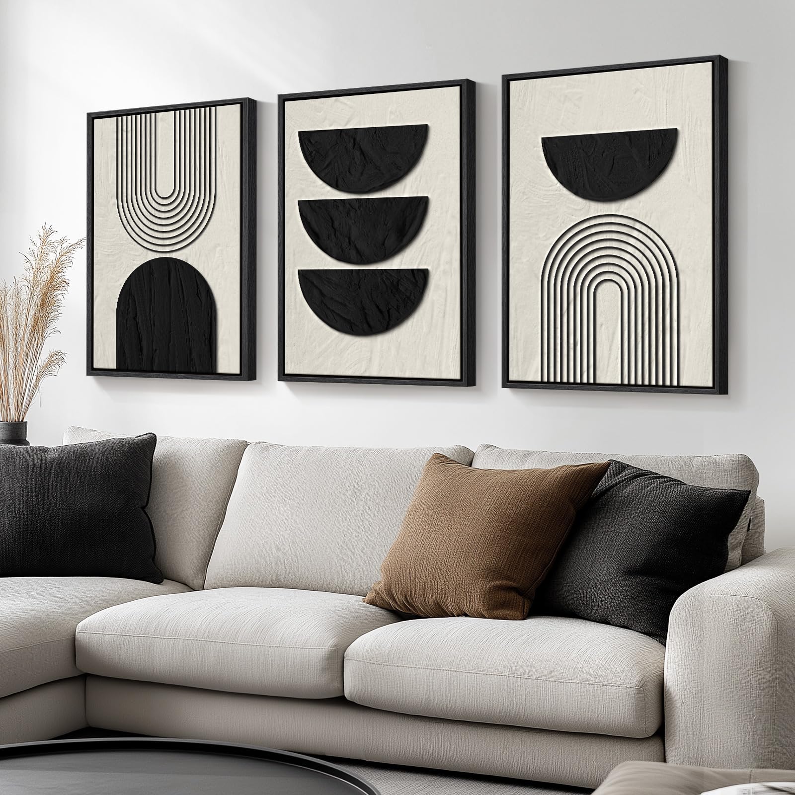 Framed Boho Wall Art for Living Room, Large 3 Piece Neutral Geometric Black and Beige Abstract Pictures Wall Art Decor, Farmhouse Vintage Artwork Home Decor for Hallway Office Guest Room 24x36 Inch
