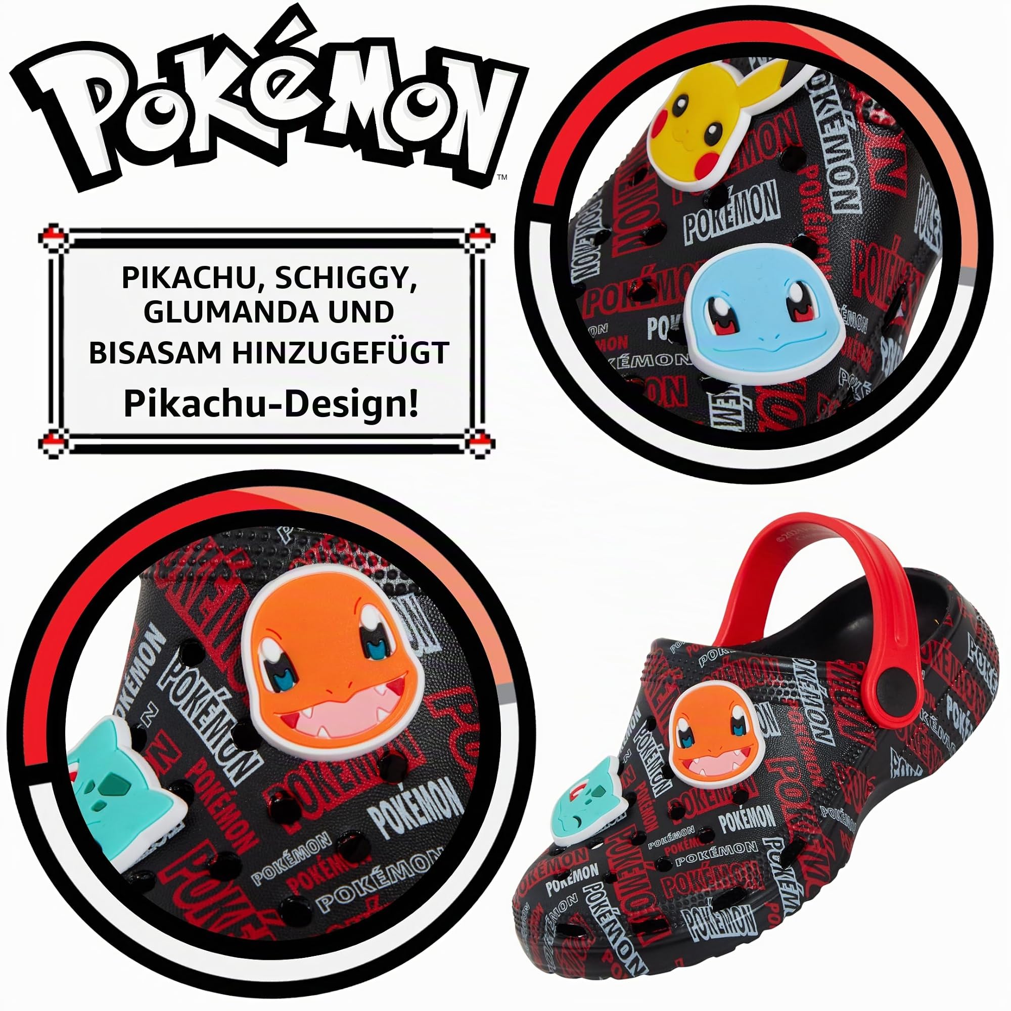 Pokémon Clogs Charms Pokeball, Sandalen für Mädchen und Jungen, Sommerschuhe für Kinder mit Knöchelriemen, Strandschuhe für den Urlaub