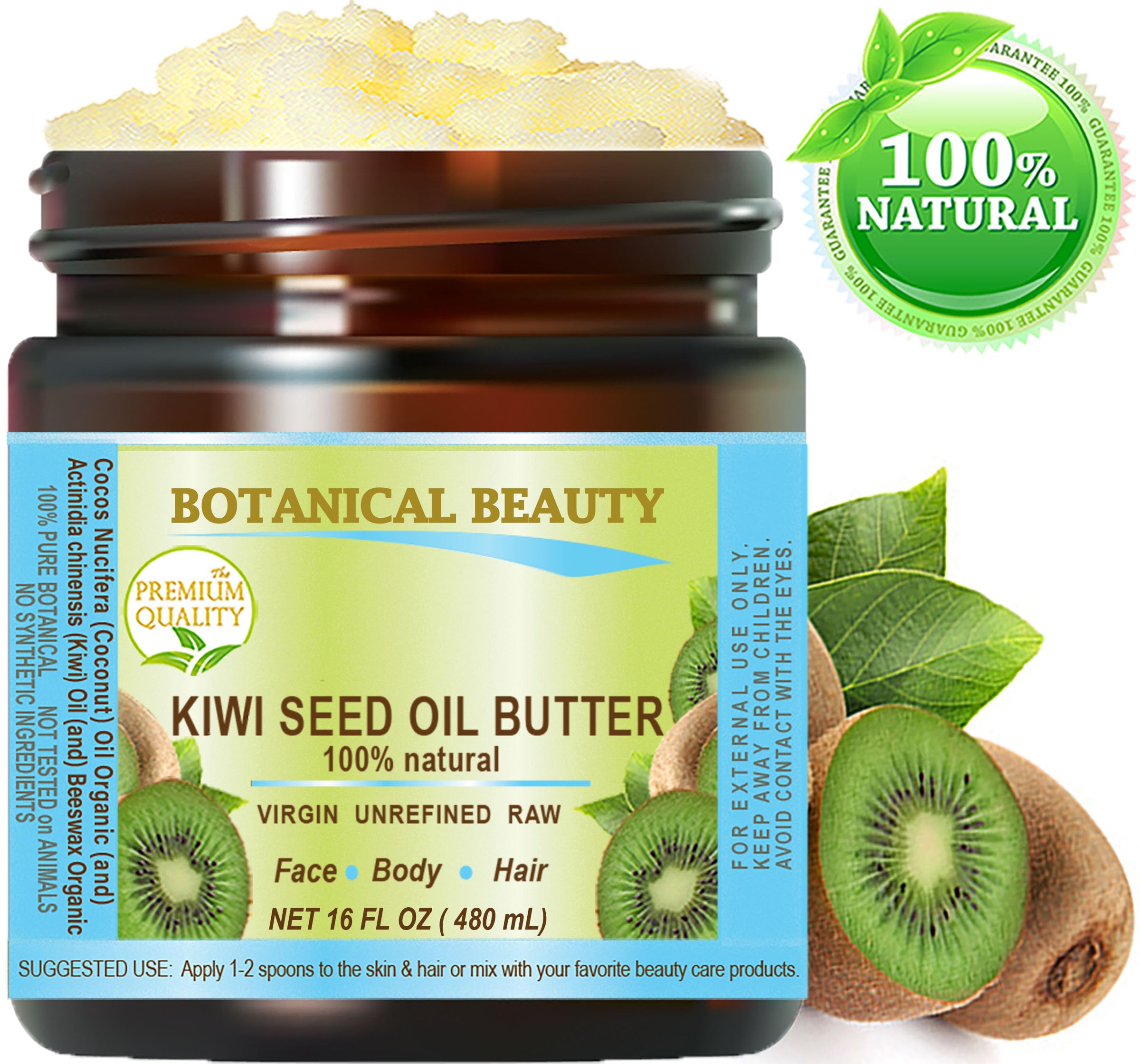Botanical Beauty KIWI SEED OIL BUTTER RAW VIRGIN UNREFINED Cold Pressed for Face, Body, Hair, Nails, Skin, Hands, 16 Fl. oz. - 480 ml. Rich in vitamin E, vitamin C