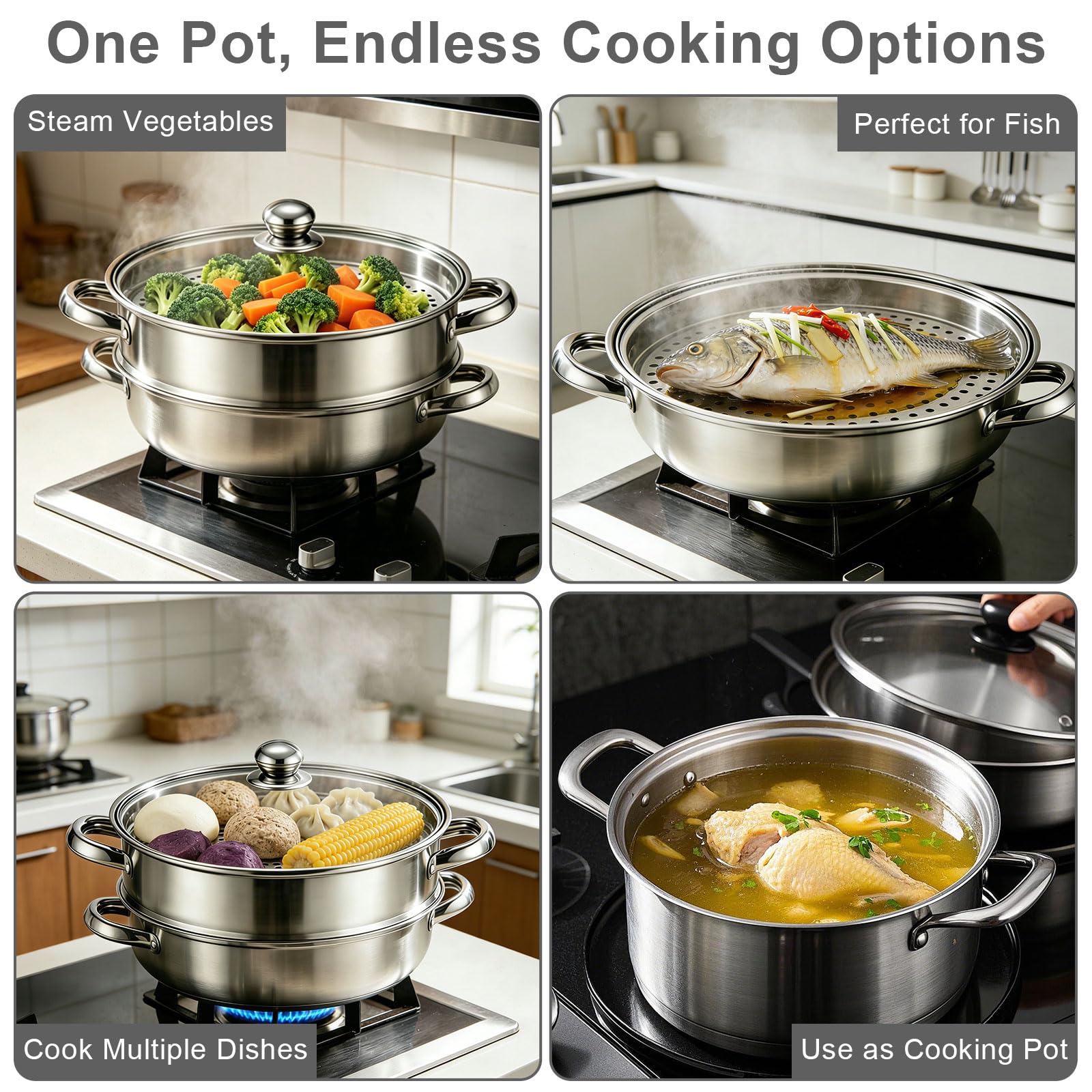 Steamery - Vaporera y olla de vapor de 28 cm - Vaporera de acero inoxidable con inserto, 4 niveles de utensilios de cocina con tapa para verduras, mariscos, sopas, guisos y pasta (cuatro – 4)
