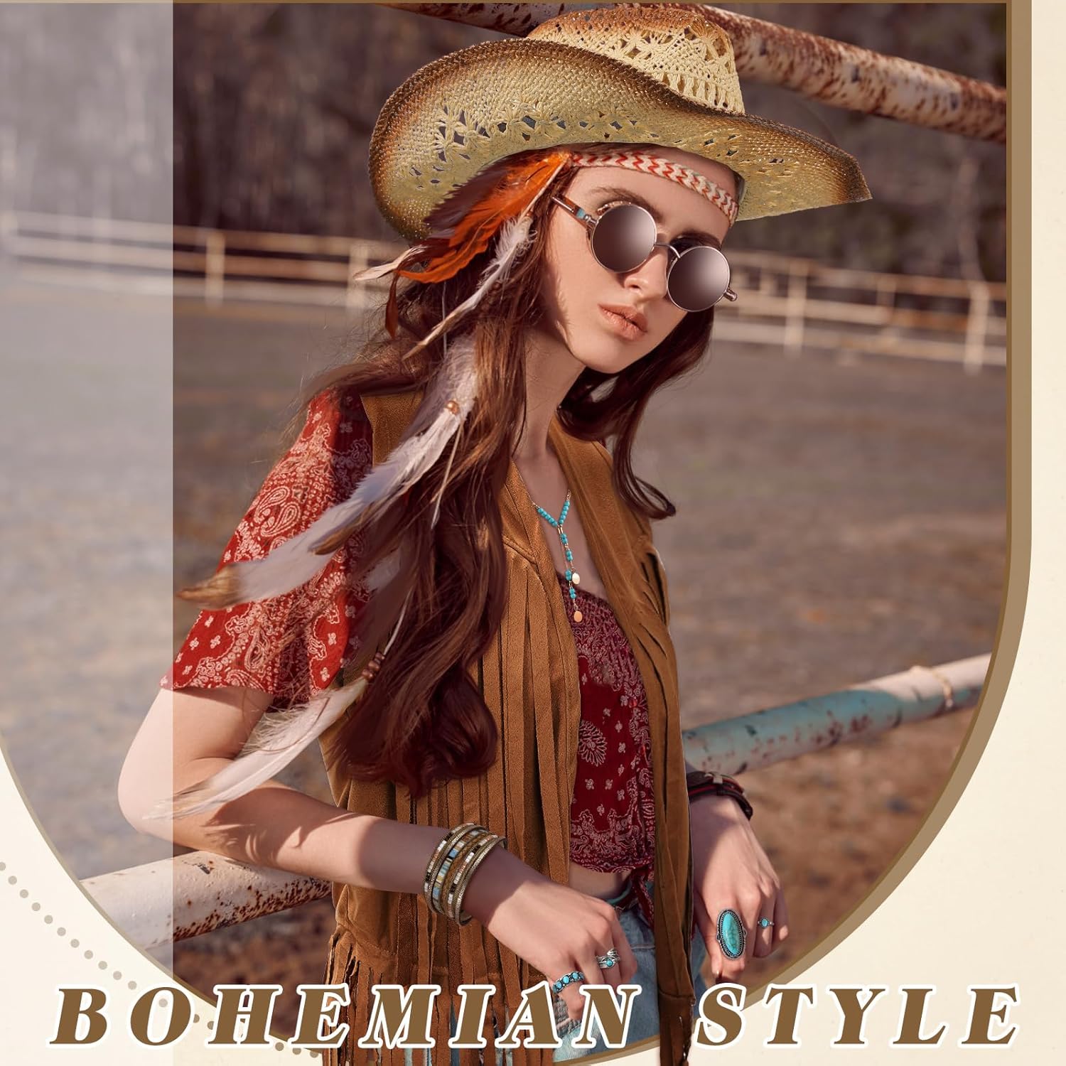 Newcotte 15 Pcs Cowgirl Outfits for Women Western Outfit Fringe Vest Cowboy Chic Cowboy Hat for Halloween Country 70s Hippie Cosplay - Image 6